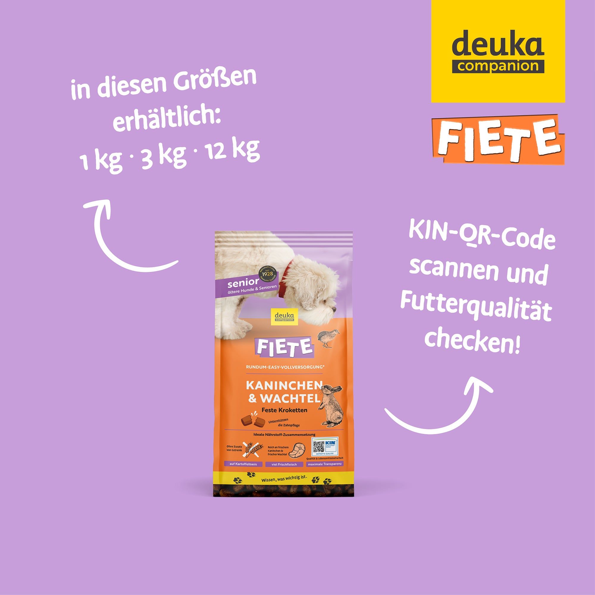 Fiete Senior Kaninchen & Wachtel - Getreidefreies Trockenfutter für Hunde 1 kg Futter