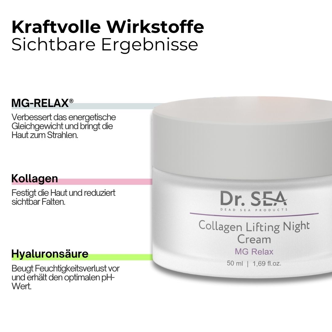 Creme-Tiegel mit Text: Dr. Sea, Collagen Lifting Night Cream, MG Relax, 50 ml. Text: Kraftvolle Wirkstoffe, MG-Relax, Kollagen, Hyaluronsäure.