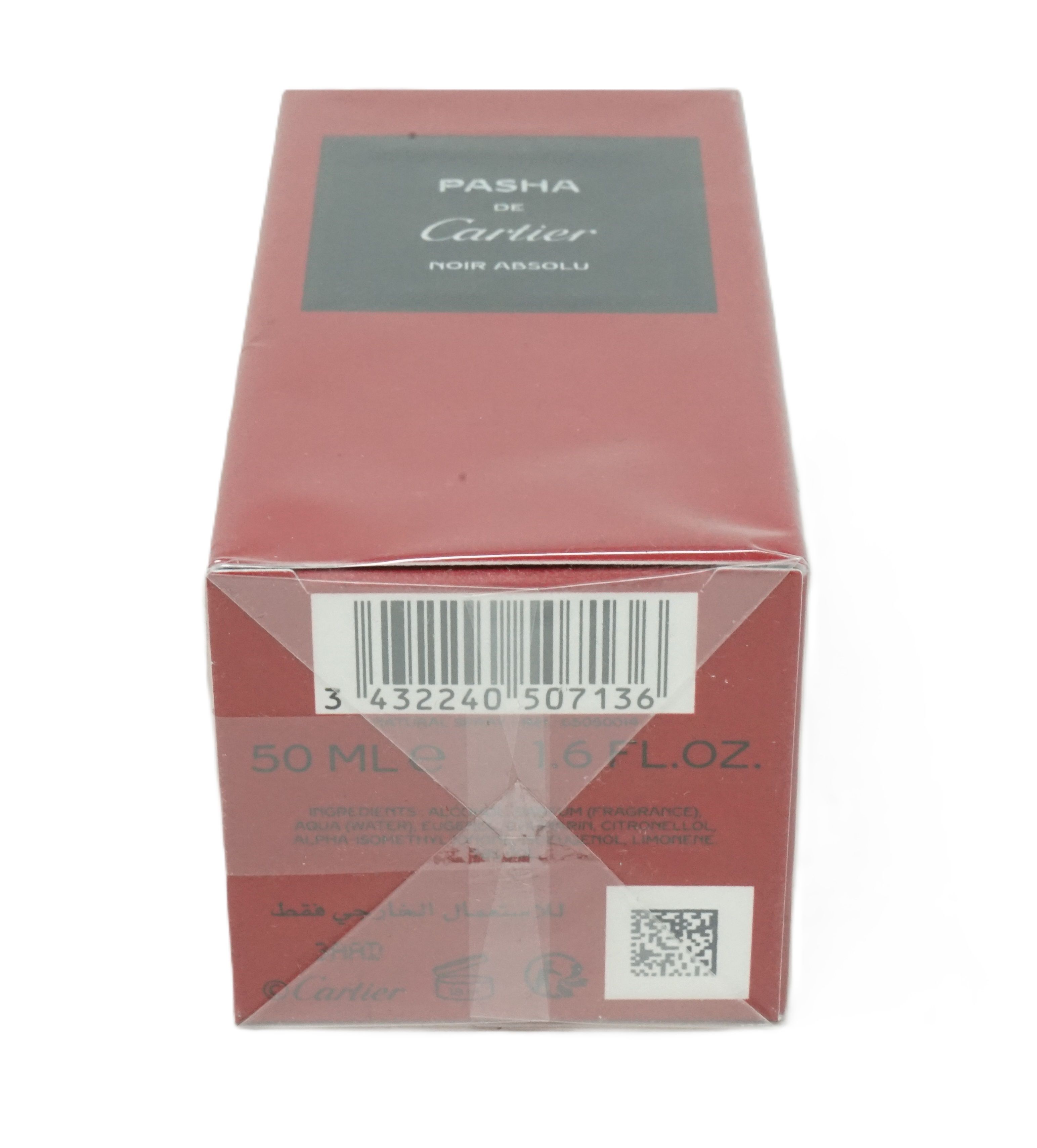 Rote rechteckige Verpackung mit schwarzem Etikett. Aufschrift: PASHA de Cartier Noir Absolu. Barcode und QR-Code.
