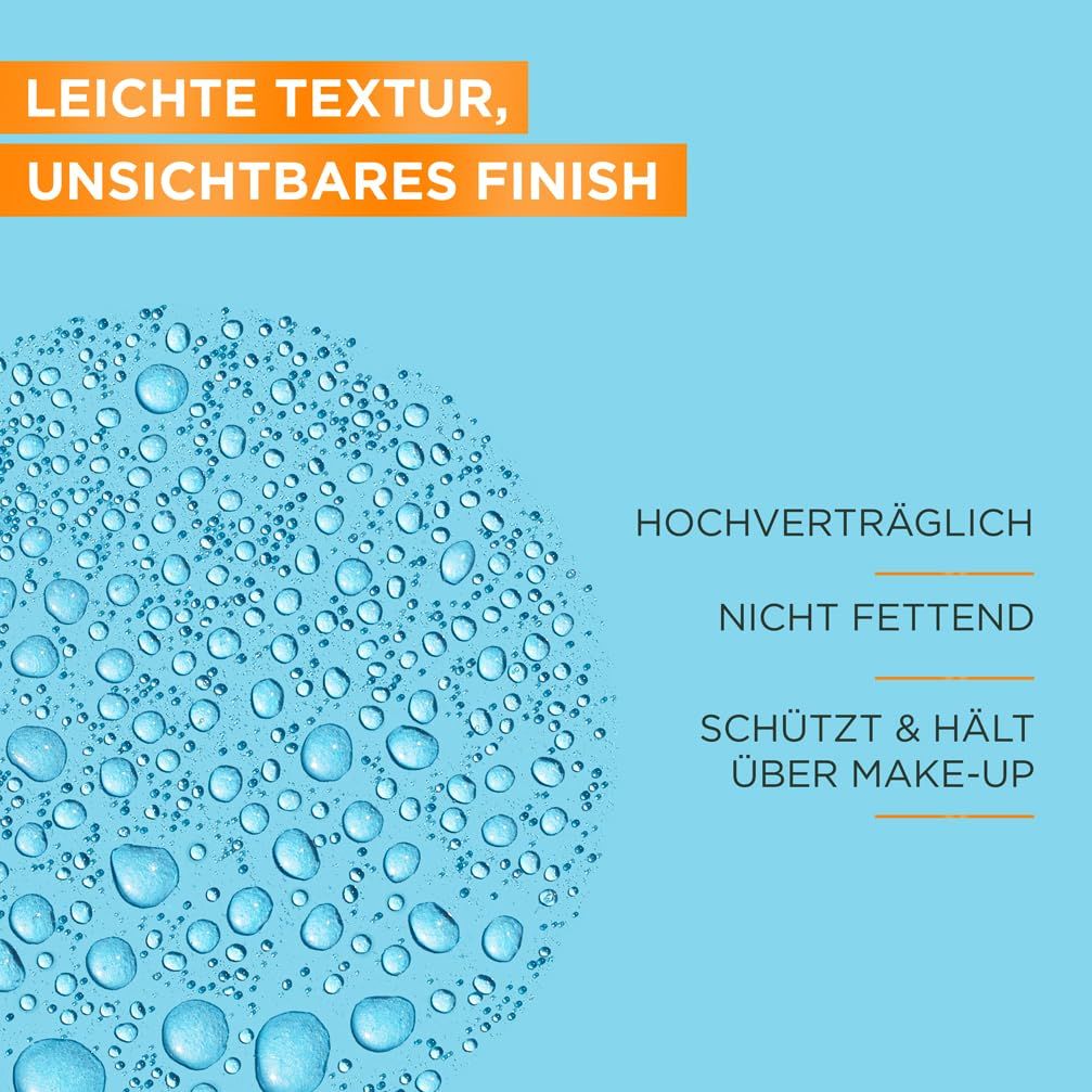 Wassertropfen-Hintergrund. Text: Leichte Textur, unsichtbares Finish. Hochverträglich, nicht fettend, schützt über Make-up.