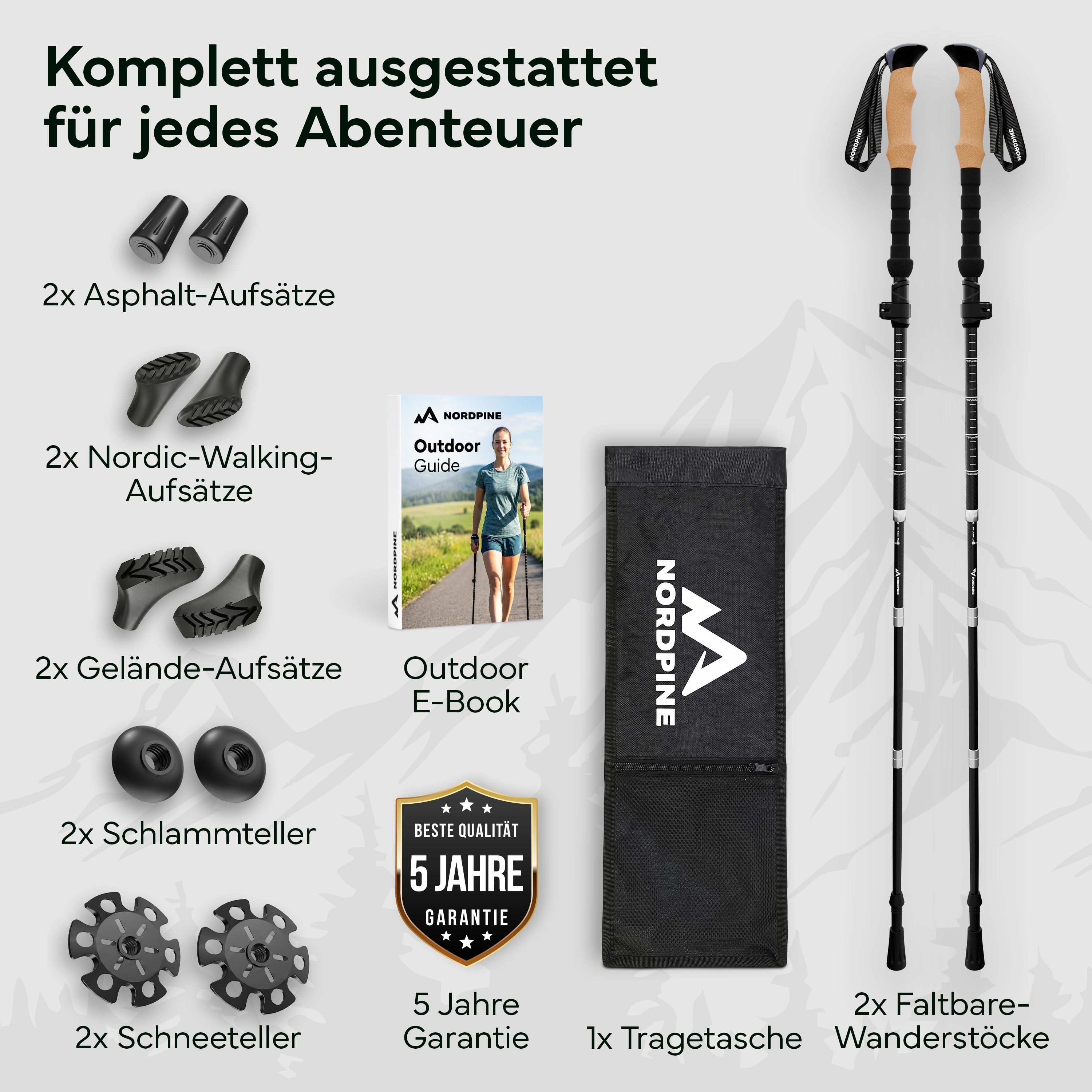 Zusammenstellung von faltbaren Carbon-Wanderstöcken mit Zubehör: Stöcke, Griffe, Aufsätze, Tasche und E-Book.