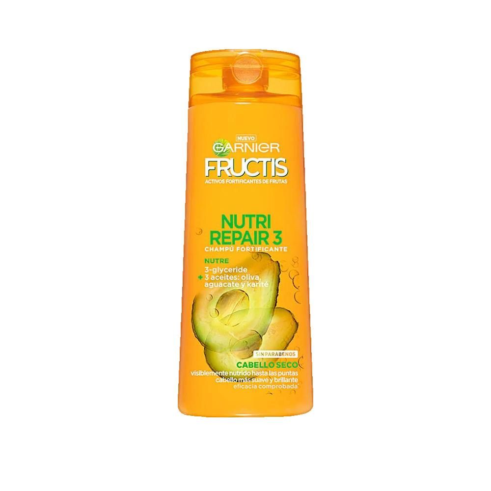 Gelbe Shampoo-Flasche mit Garnier Fructis-Logo und Text. Avocado-Abbildung. Aufschrift: Nutri Repair 3, Cabello Seco.