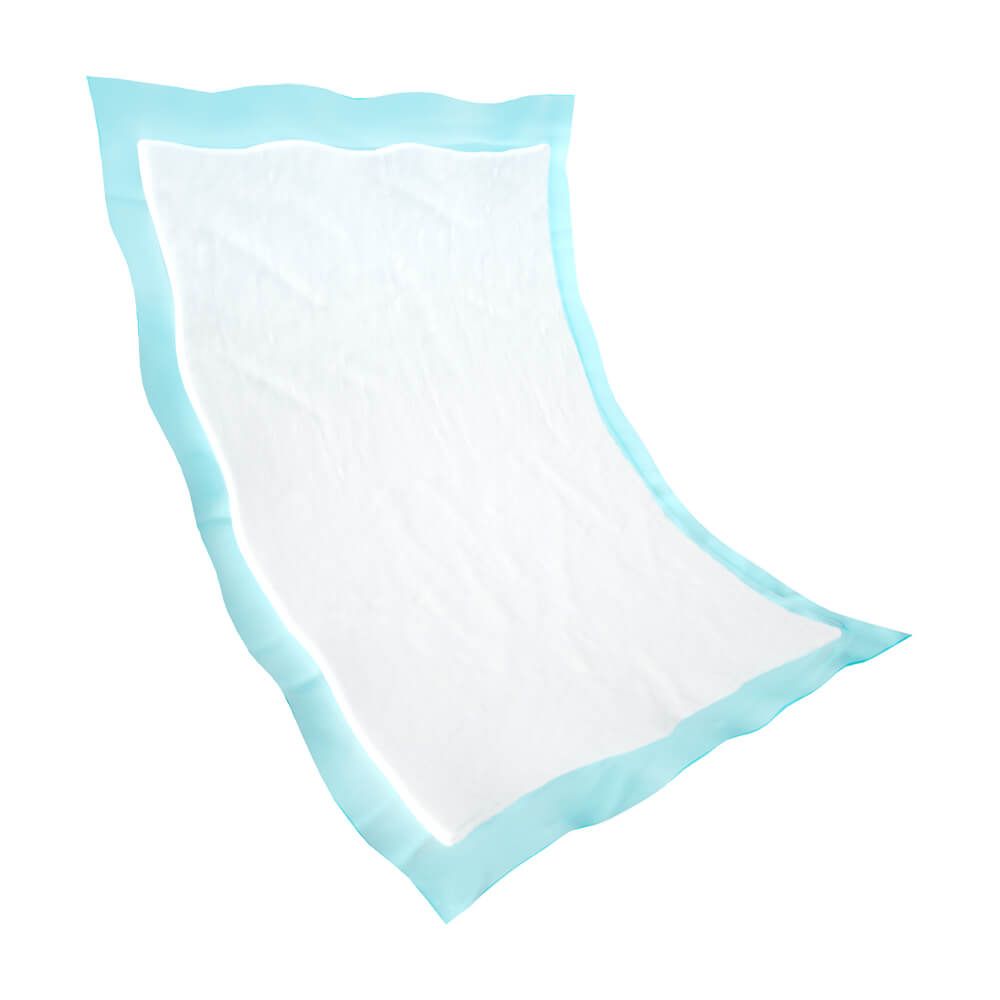 Abri-Soft Ultra Light, rechteckig, mit blauem Rand. Weißes, saugfähiges Material. Einzelnes Produkt, freigestellt.