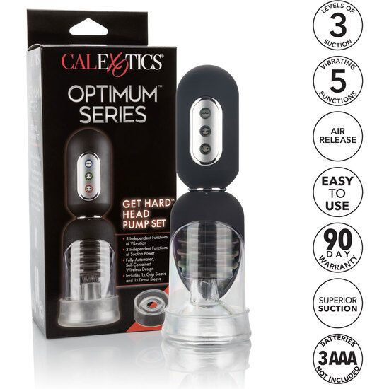 Produkt und Verpackung. Schwarze Box mit Produkt und Text: CALEXOTICS OPTIMUM SERIES, GET HARD HEAD PUMP SET.