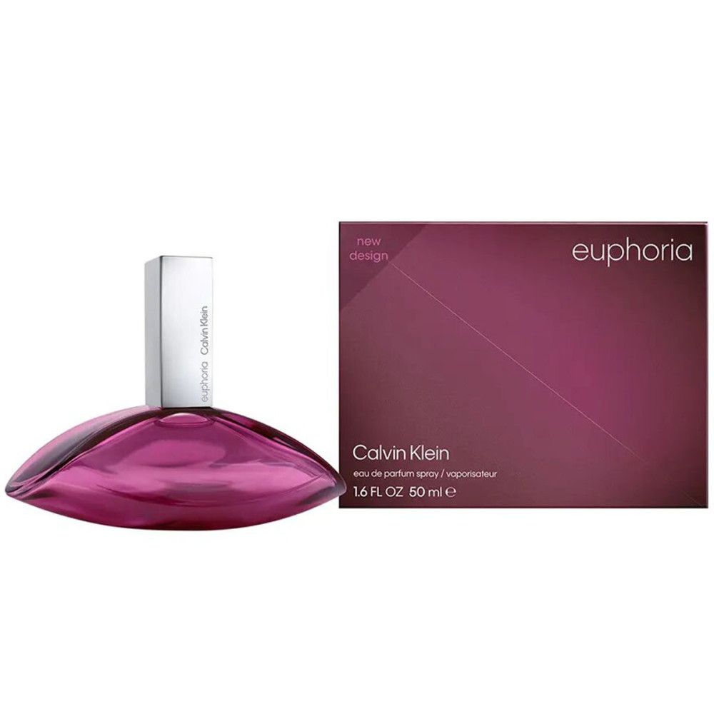 Flasche und Verpackung von Calvin Klein Euphoria. Flakon in Tropfenform, silberner Verschluss. Verpackung in Lila mit Markenlogo.
