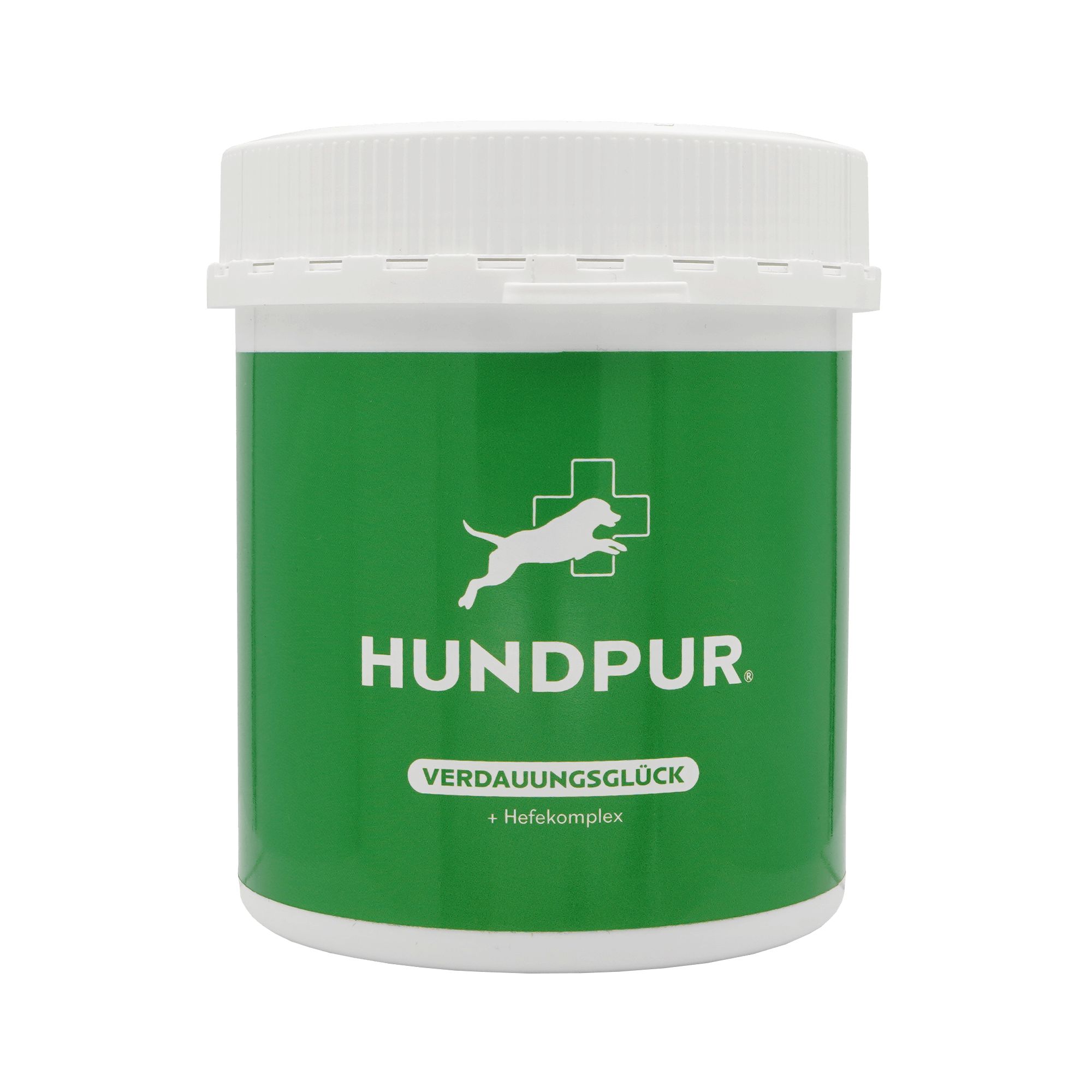 Grüner Behälter mit weißem Deckel. Aufschrift: HUNDPUR, Verdauungsglück + Hefekomplex. Logo: Hund und Kreuz.