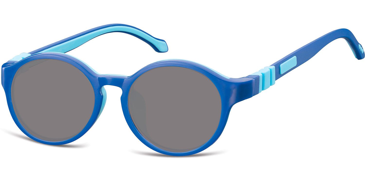 Blaue Sonnenbrille mit runden Gläsern. Blaue Bügel und Rahmen. Graue Gläser. Kindersonnenbrille.