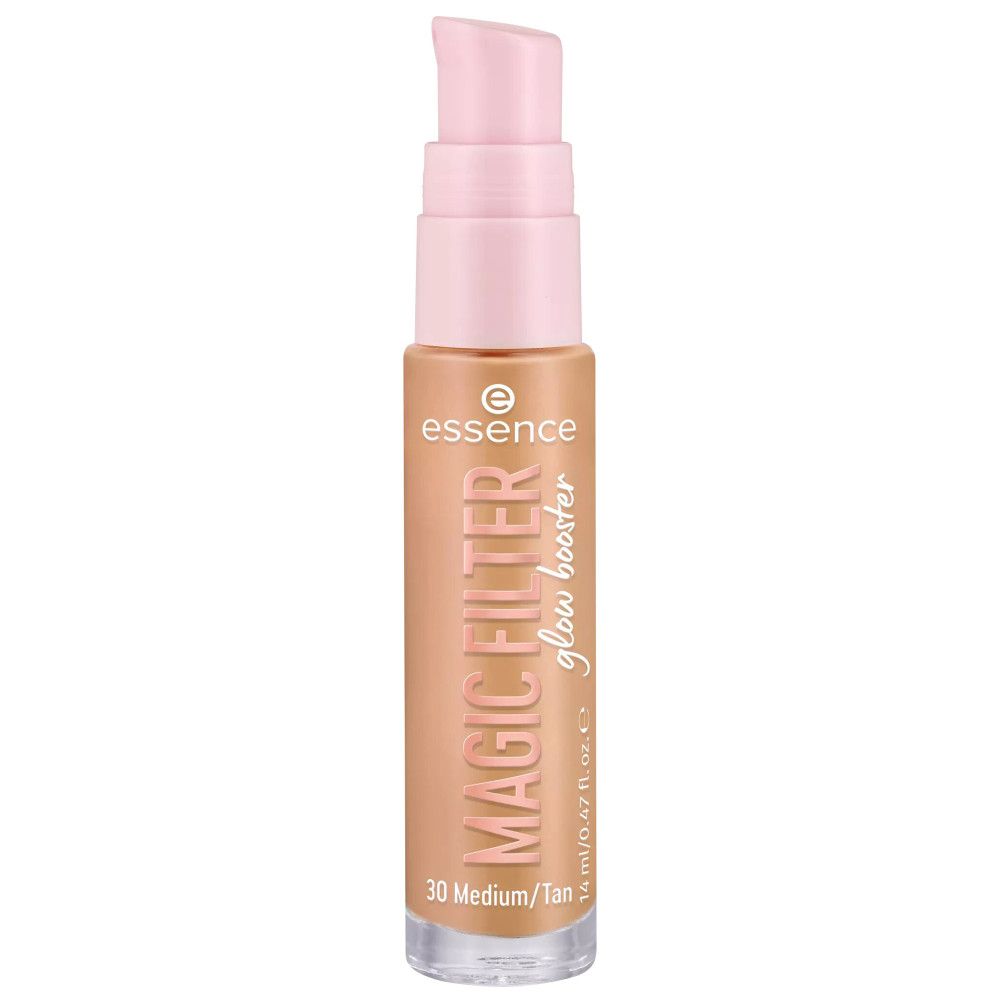 Foundation-Fläschchen mit rosa Pumpe. Aufschrift: Essence, Magic Filter, Glow Booster. Farbton: 30 Medium/Tan.