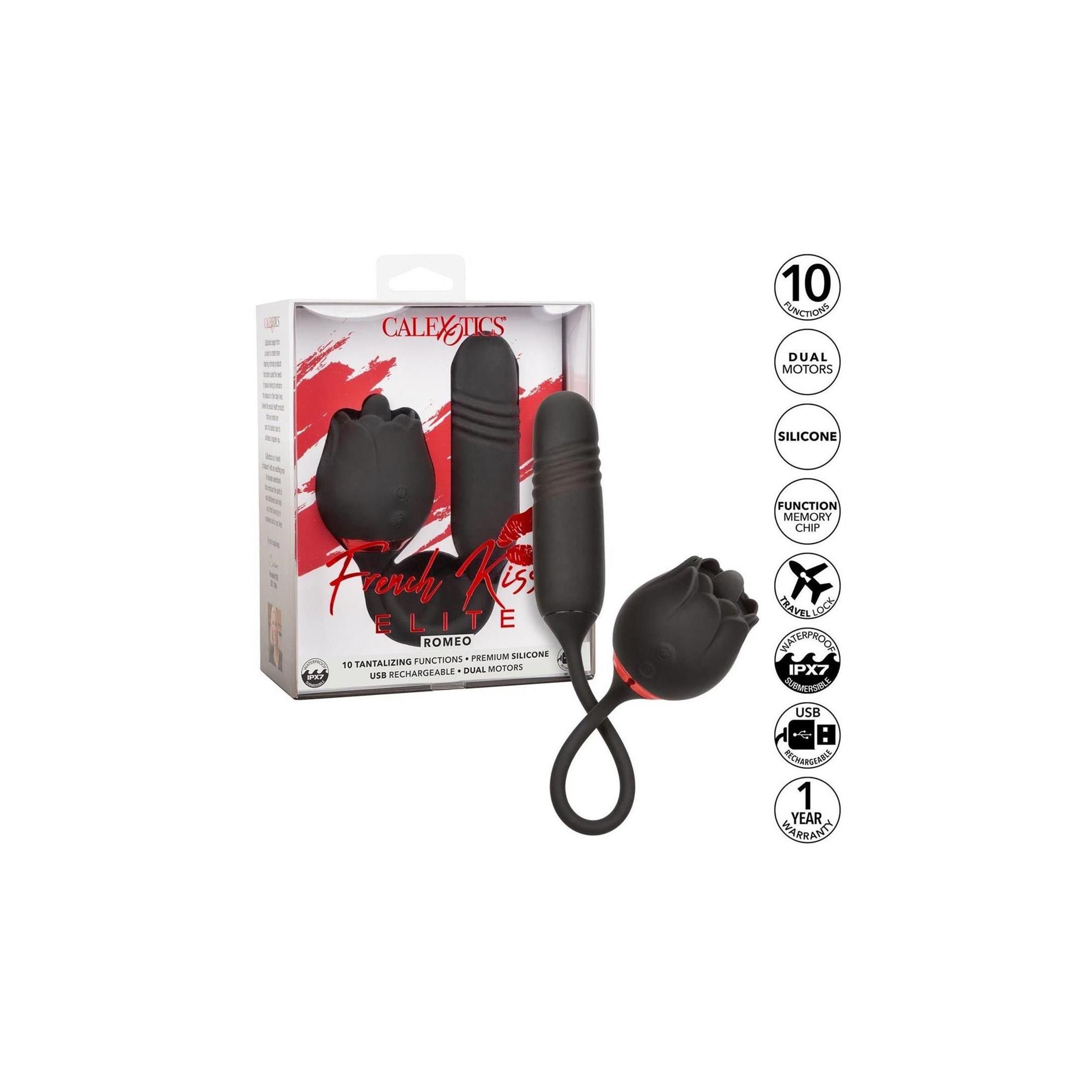 Verpackung mit Wellness-Produkt. Enthält Rosenkopf und Vibrator. Aufschrift: French Kiss Elite Romeo. Mit Symbolen und Logos.