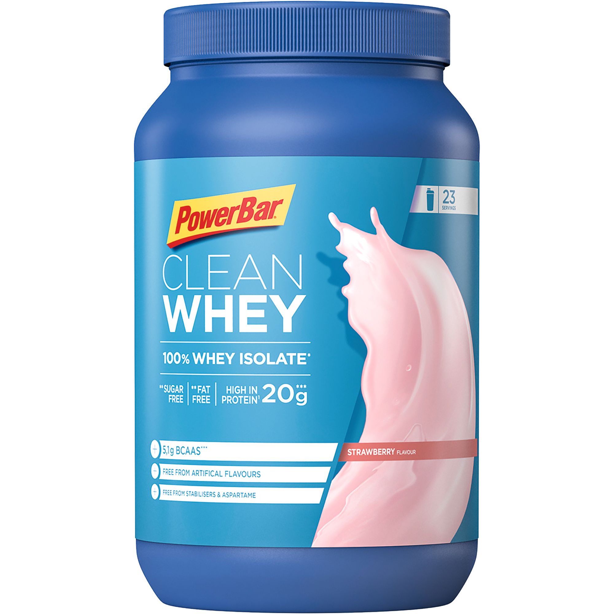 Blaue Dose mit PowerBar Clean Whey Erdbeer-Geschmack. Enthält 20g Protein. Frei von Zucker, Fett und künstlichen Aromen.