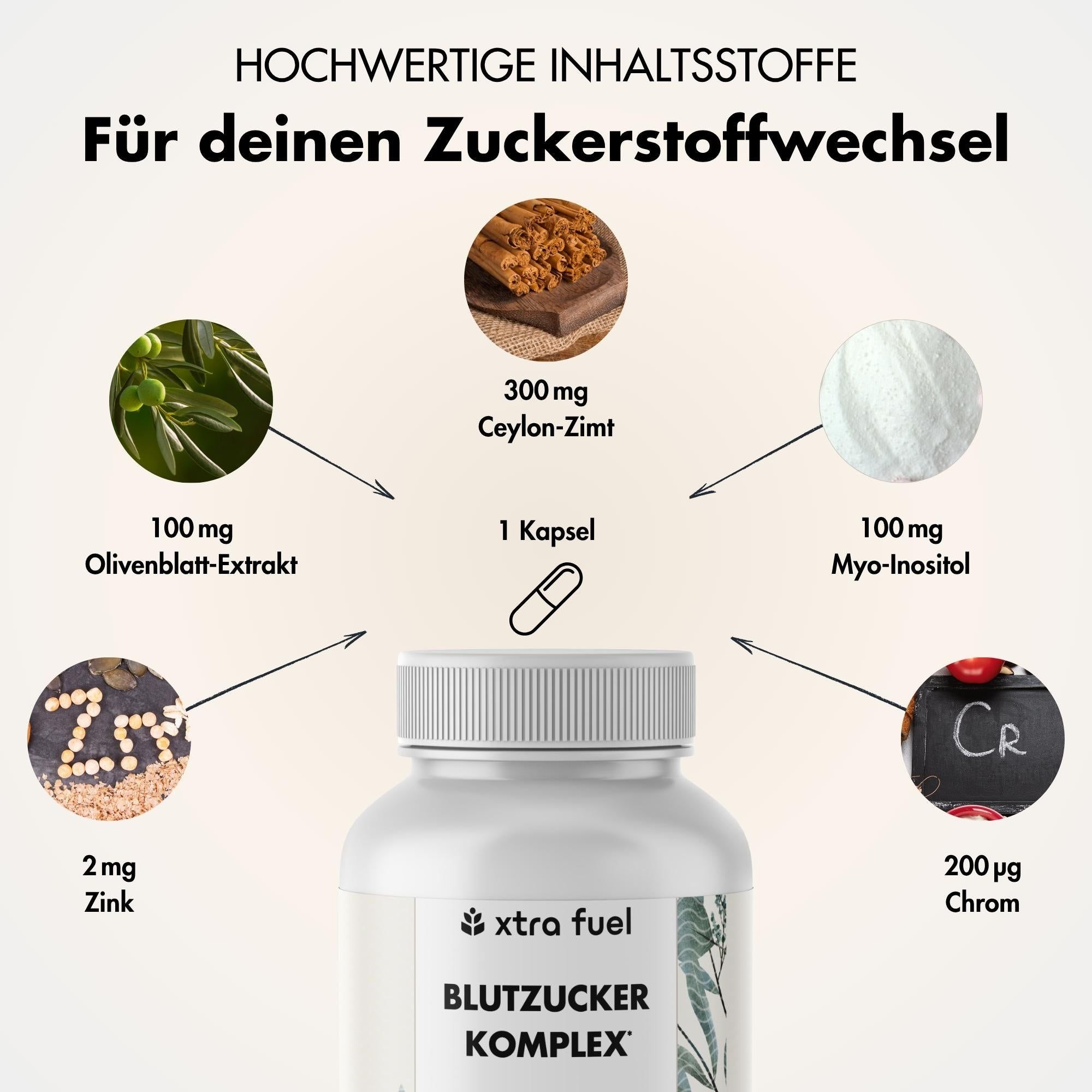 Grafik mit Zutaten. 300mg Ceylon-Zimt, 100mg Olivenblatt-Extrakt, 100mg Myo-Inositol, 2mg Zink, 200µg Chrom. Flasche mit Produkt. Text: Blutzucker Komplex.