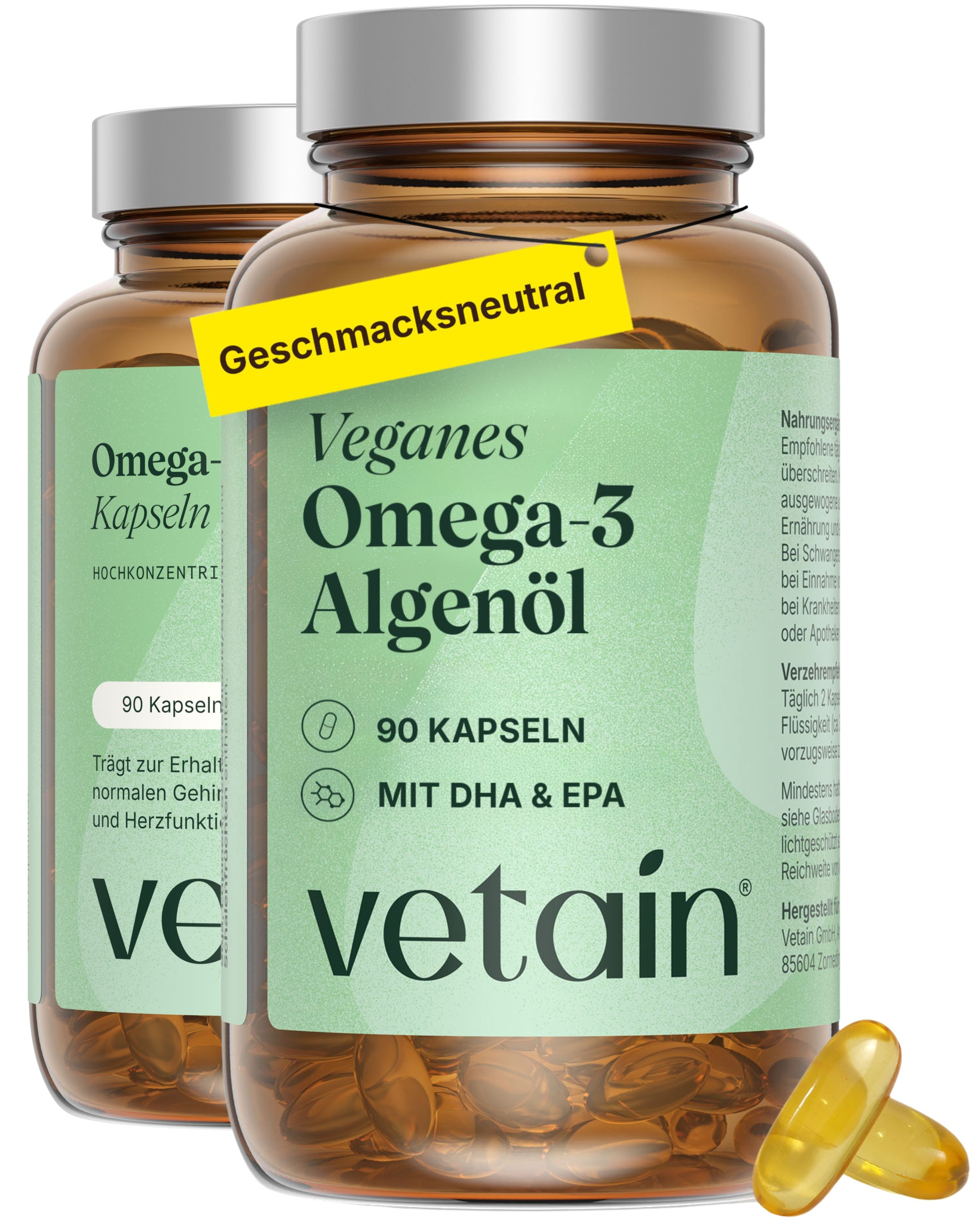 Vetain Omega 3 Vegan Algenöl Kapseln - Hochdosiert DHA & EPA Triglycerid Form Frisches 180 St