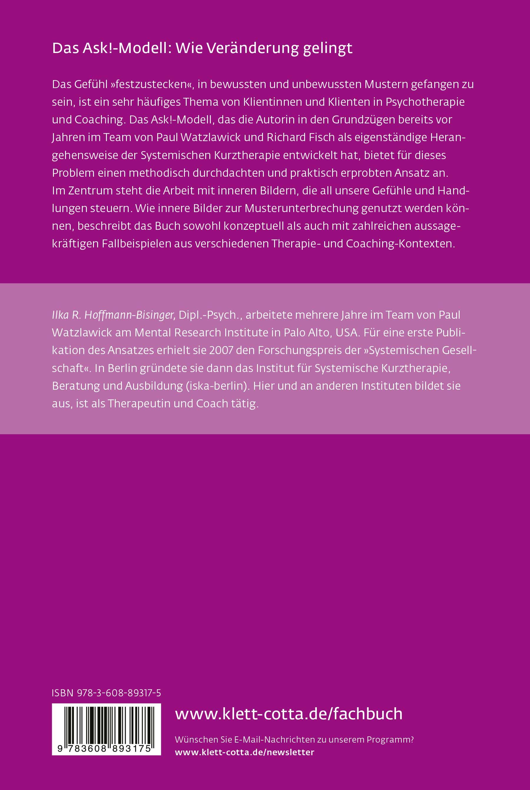 Buchrücken mit Text. Titel: Das Ask!-Modell: Wie Veränderung gelingt. Autorin: Ilka R. Hoffmann-Bisinger. Verlag: Klett-Cotta.