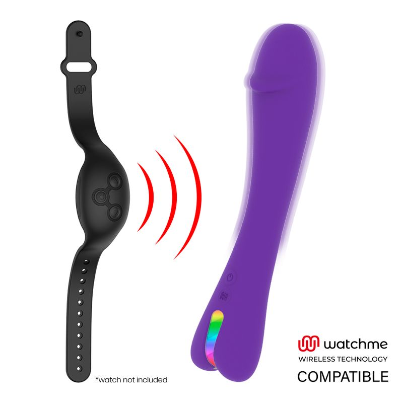 Ein violetter Stimulator und eine schwarze Armbanduhr mit drei Knöpfen. Watchme Wireless Technology Compatible.