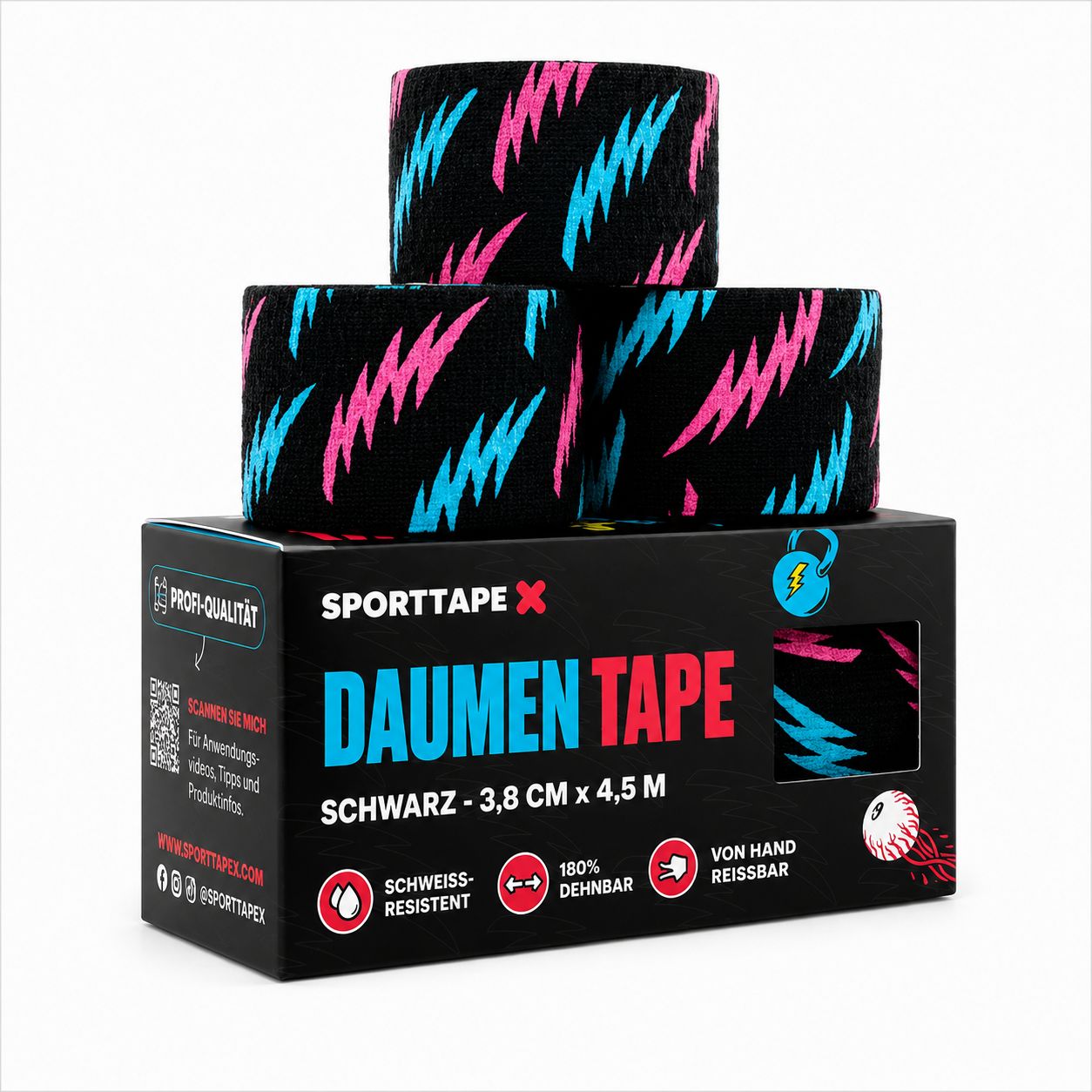 Hand hält Kettlebell-Griff mit blau-pink gemustertem Tape um den Daumen.