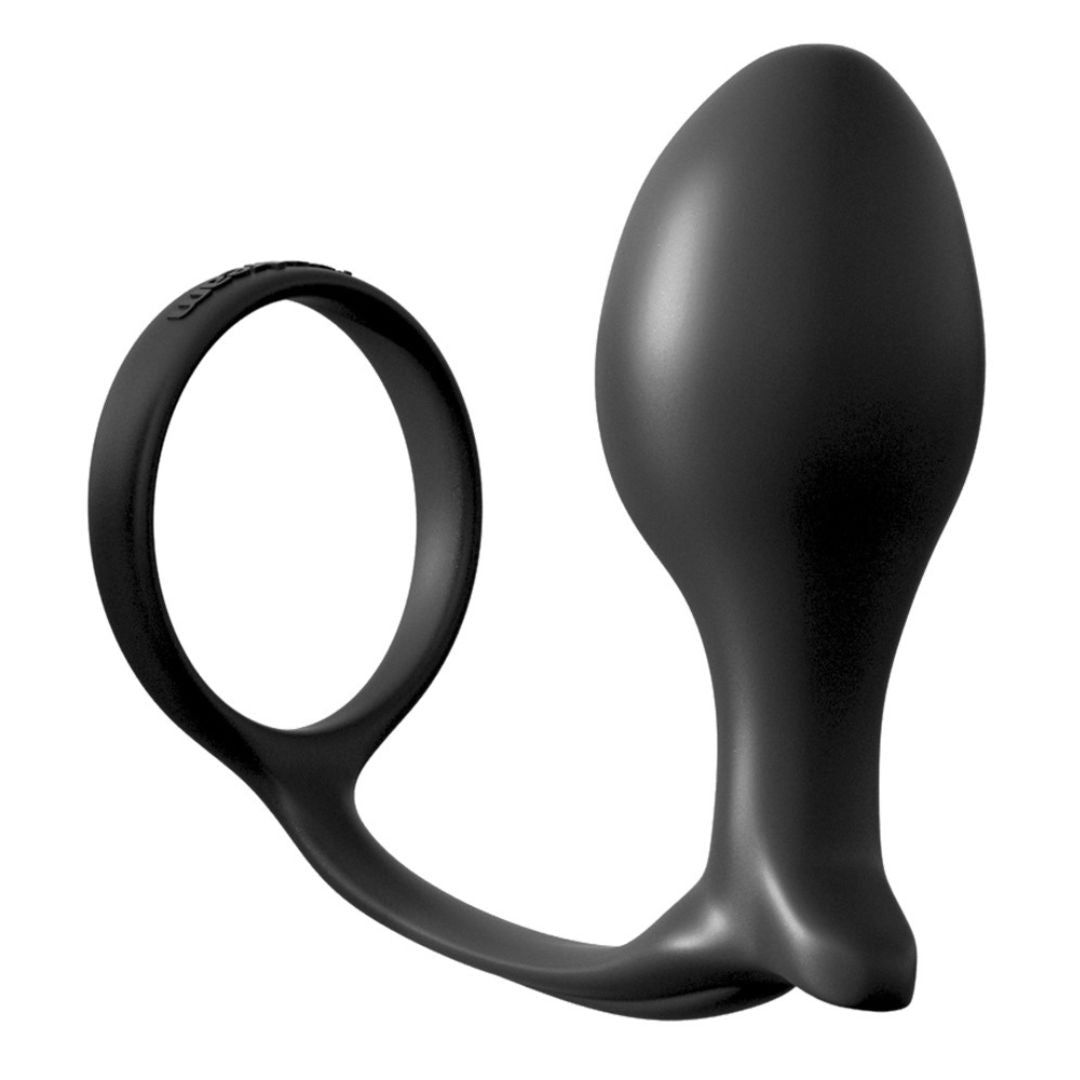 Schwarzer Analplug mit Penisring. Ring und Plug verbunden. Glatte Oberfläche.