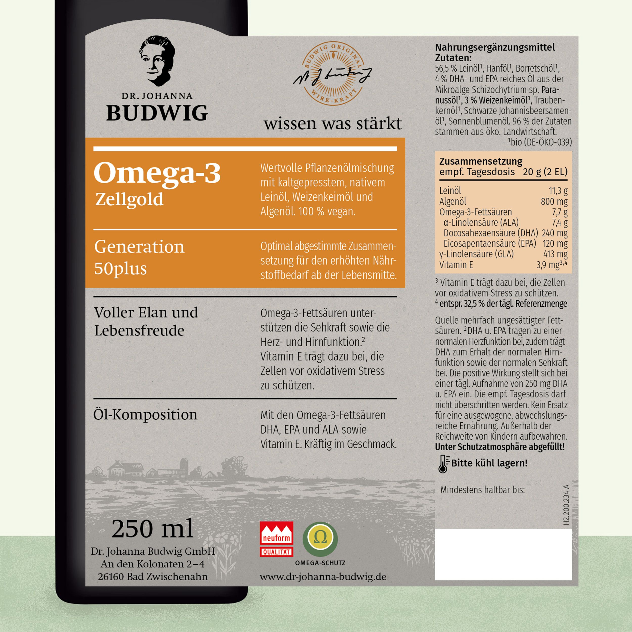 Braune Flasche mit Etikett und Nährwertangaben. Aufschrift: Omega-3 Zellgold, Generation 50plus. 250 ml.