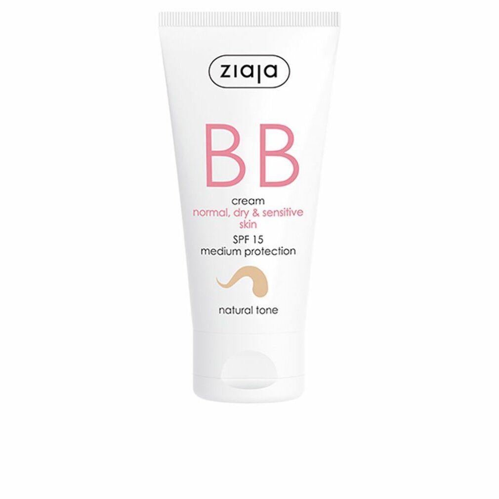 Weiße Tube mit rosa BB-Schriftzug, SPF 15 und Farbton-Angabe. Marke Ziaja oben. Für normale, trockene und empfindliche Haut.