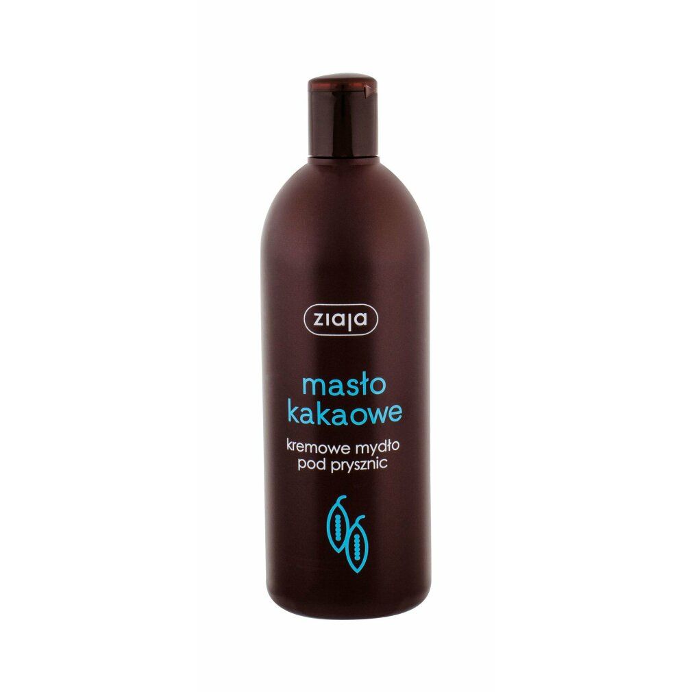 Braune Flasche mit blauem Etikett. Aufschrift: Ziaja, masło kakaowe, kremowe mydło pod prysznic. Abbildung von Kakaobohnen.