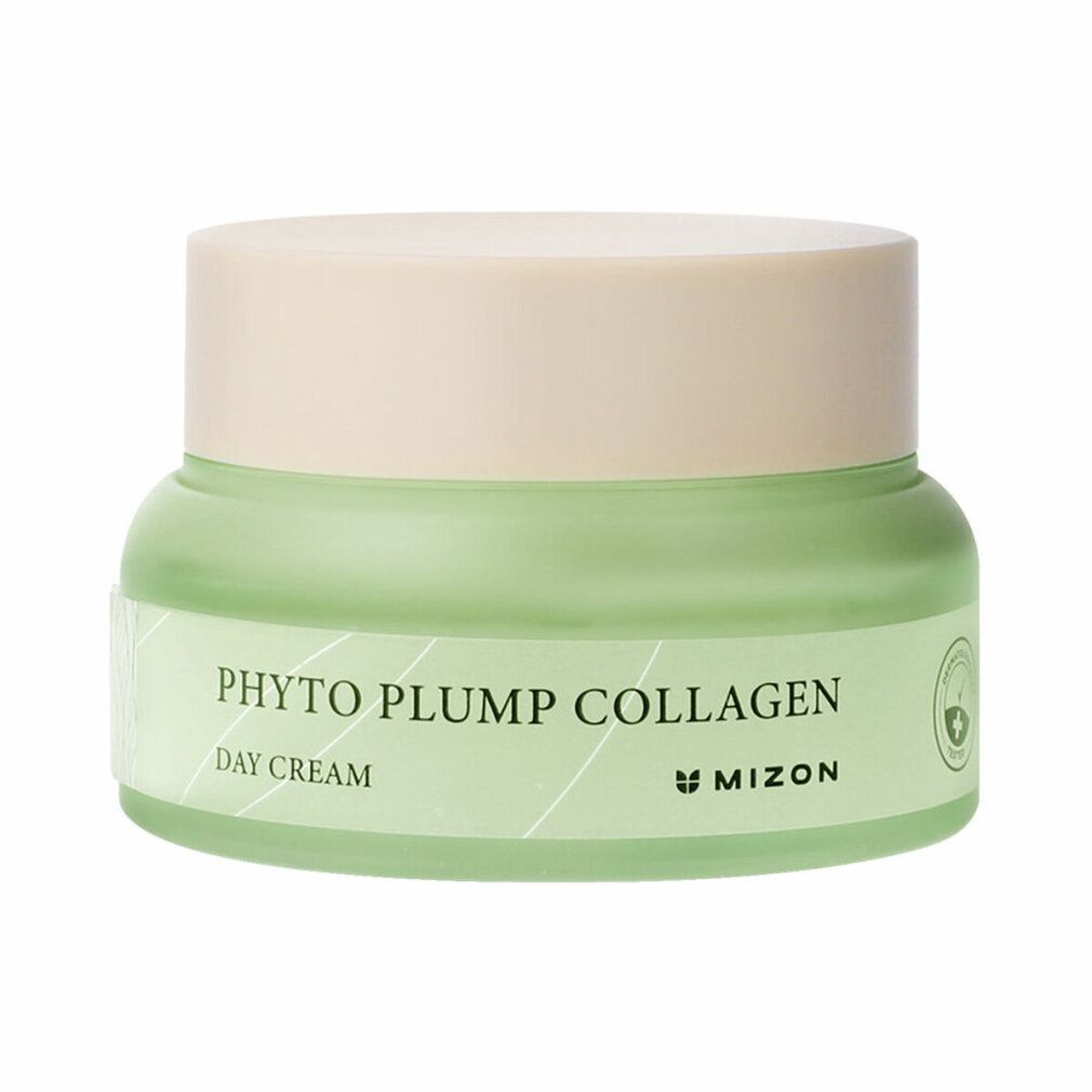 Grünes Cremeglas mit beigem Deckel. Aufschrift: Phyto Plump Collagen Day Cream. Marke Mizon.