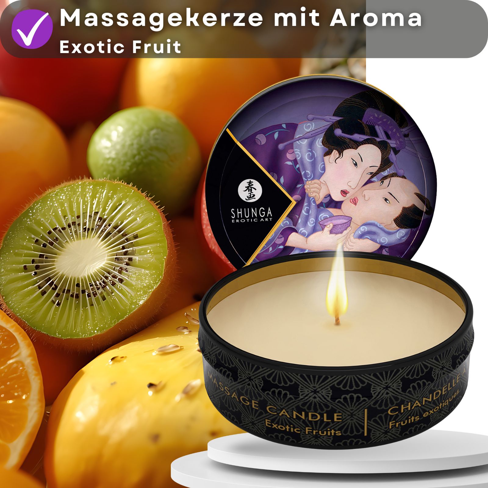 Massagekerze mit Aroma Exotic Fruits. Dose mit Früchten. Text: Massagekerze mit Aroma Exotic Fruit.