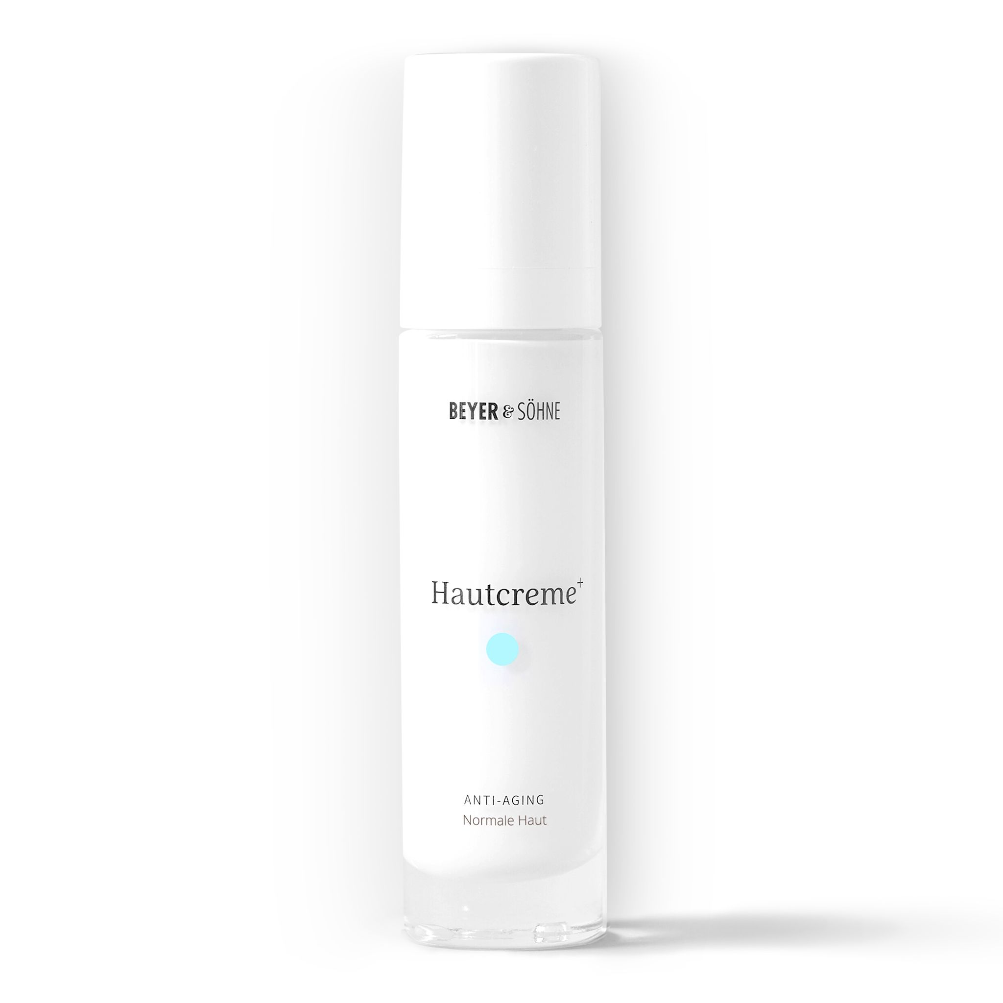Weiße Flasche mit Produktaufschrift. Marke: Beyer & Söhne. Hautcreme+ Normale Haut, Anti-Aging.