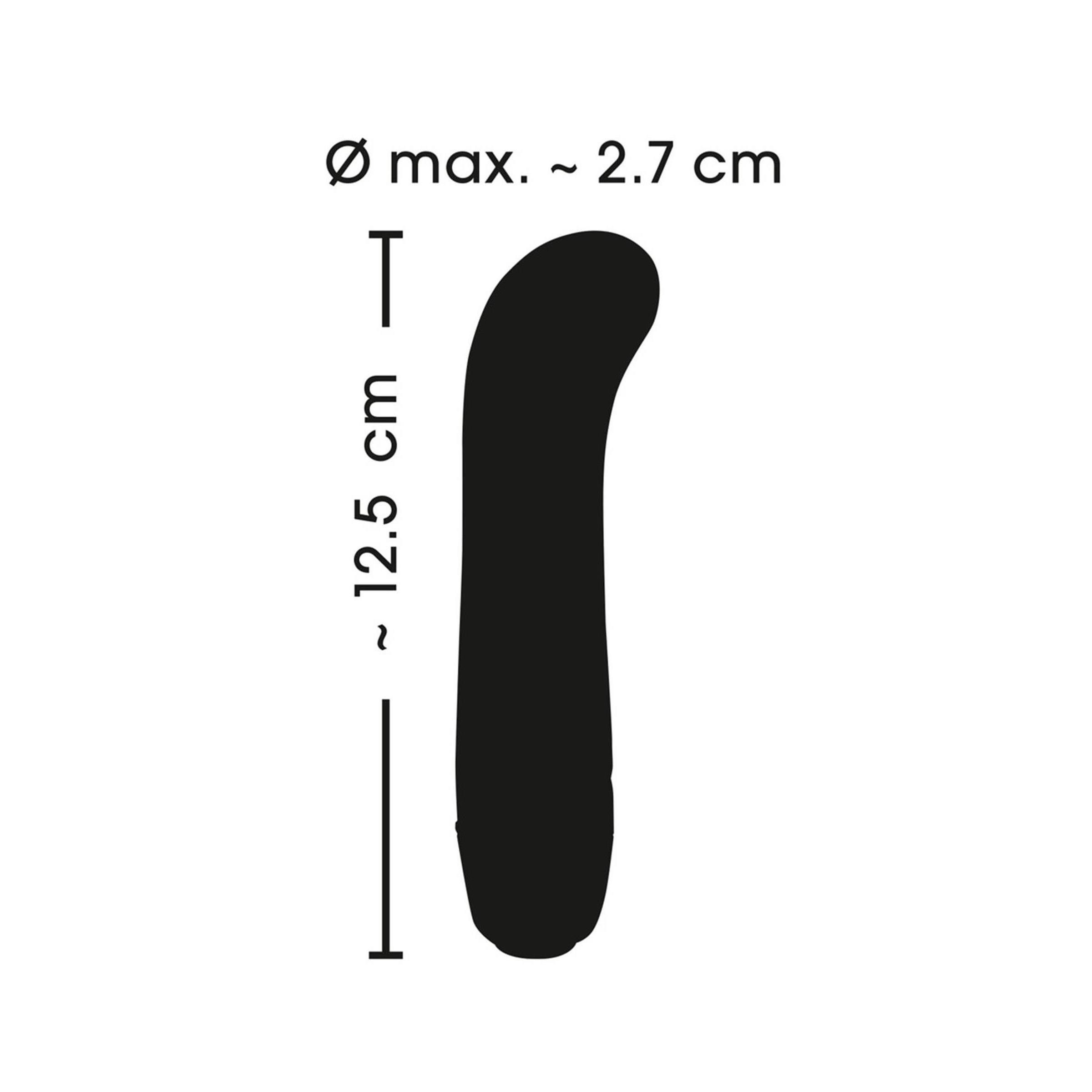 Schwarz-weiß-Umriss eines Vibrators. Maße: 12,5 cm lang, max. 2,7 cm Durchmesser.