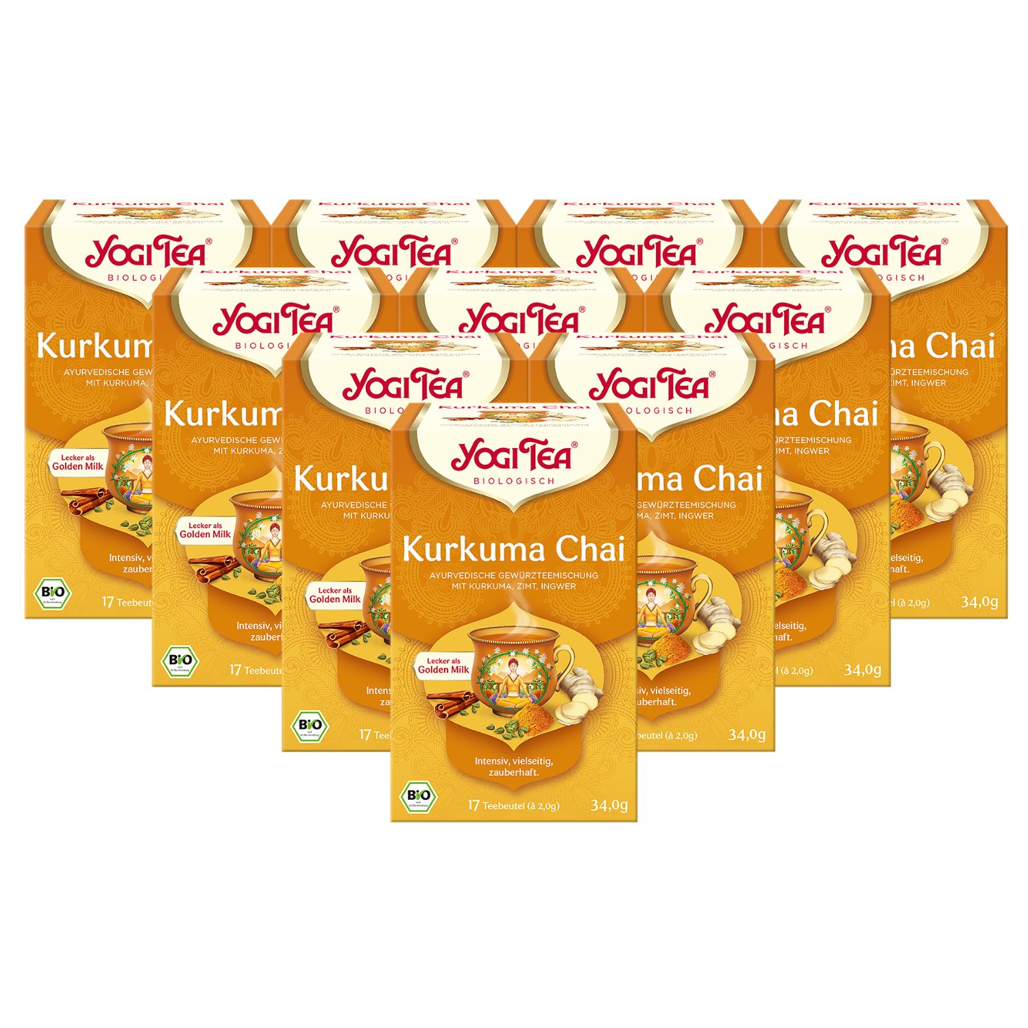 Mehrere Packungen YOGI TEA Kurkuma Chai Bio-Gewürztee. Gelbe Verpackung mit Logo und Produktbezeichnung. Bio-Siegel.