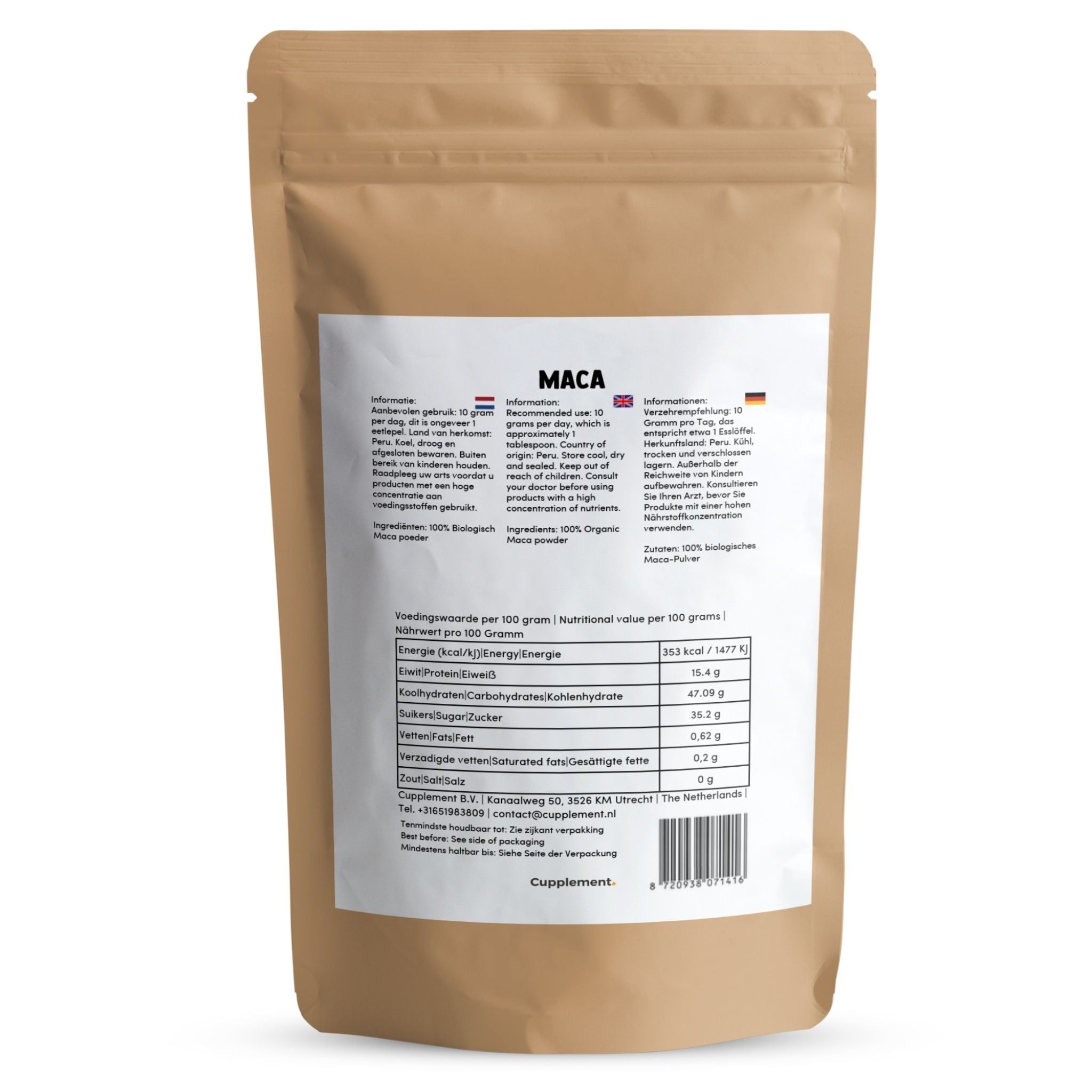 Beutel mit Produktinformationen. Aufschrift: Maca. Nährwerttabelle. Braune Papierverpackung.