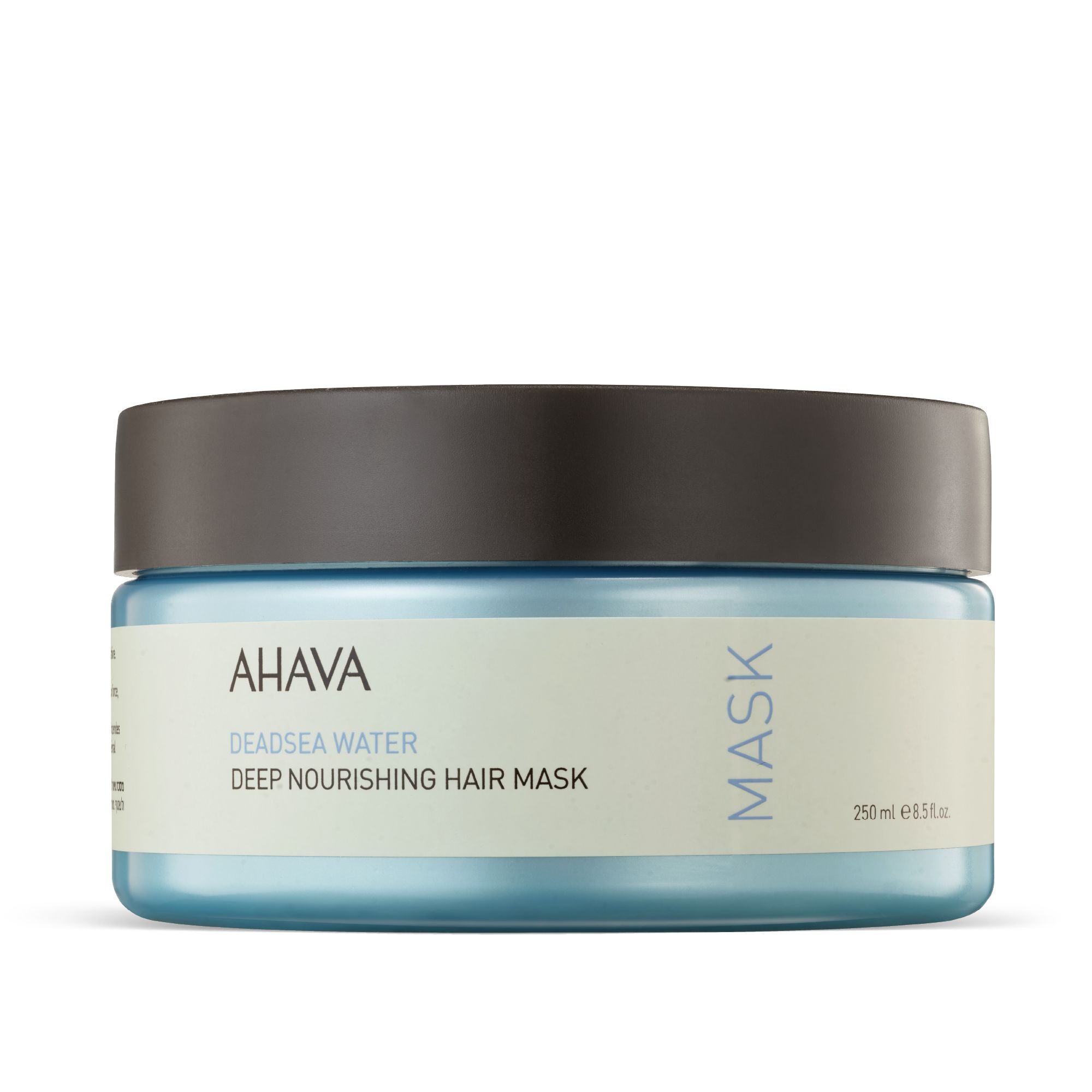 Runde, blaue Dose mit braunem Deckel. Aufschrift: AHAVA DEADSEA WATER Deep Nourishing Hair Mask. Auf der Seite: MASK.