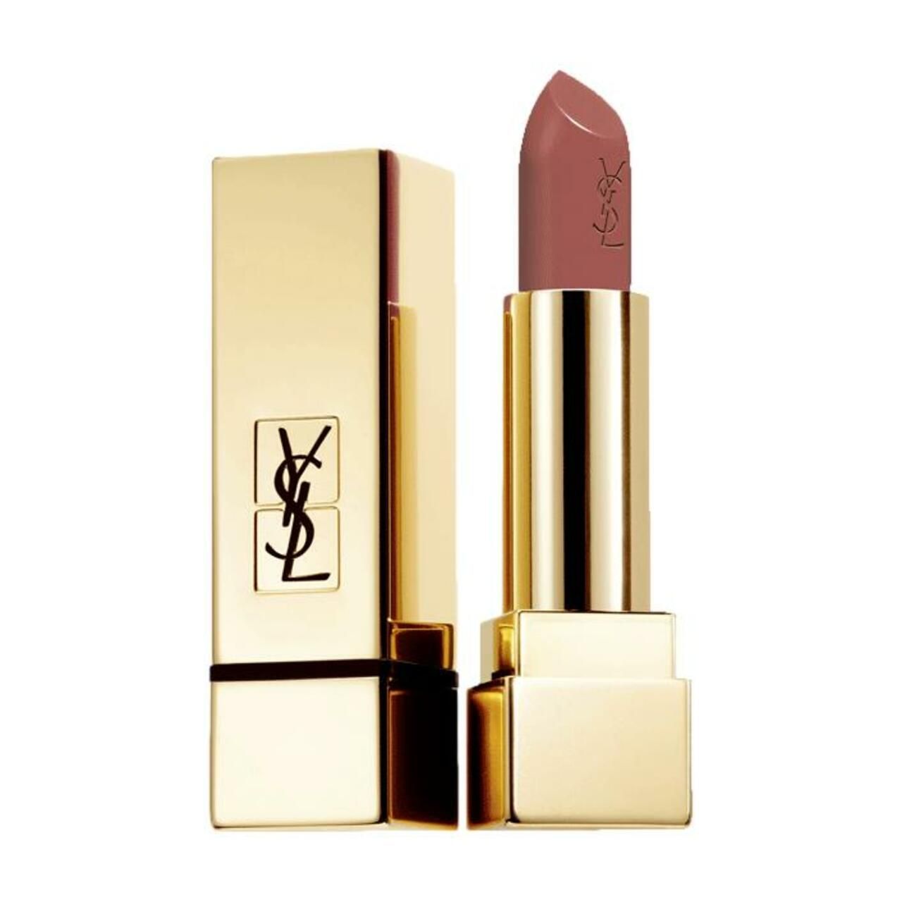 Goldfarbener Lippenstift, geöffnet. Der Lippenstift hat eine rosa Farbe und das YSL-Logo.
