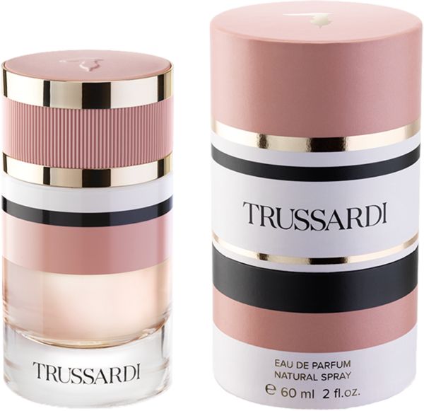 Parfümflakon und Verpackung. Flakon zylindrisch, mehrfarbig. Verpackung zylindrisch, rosa, schwarz, weiß. Schriftzug Trussardi.
