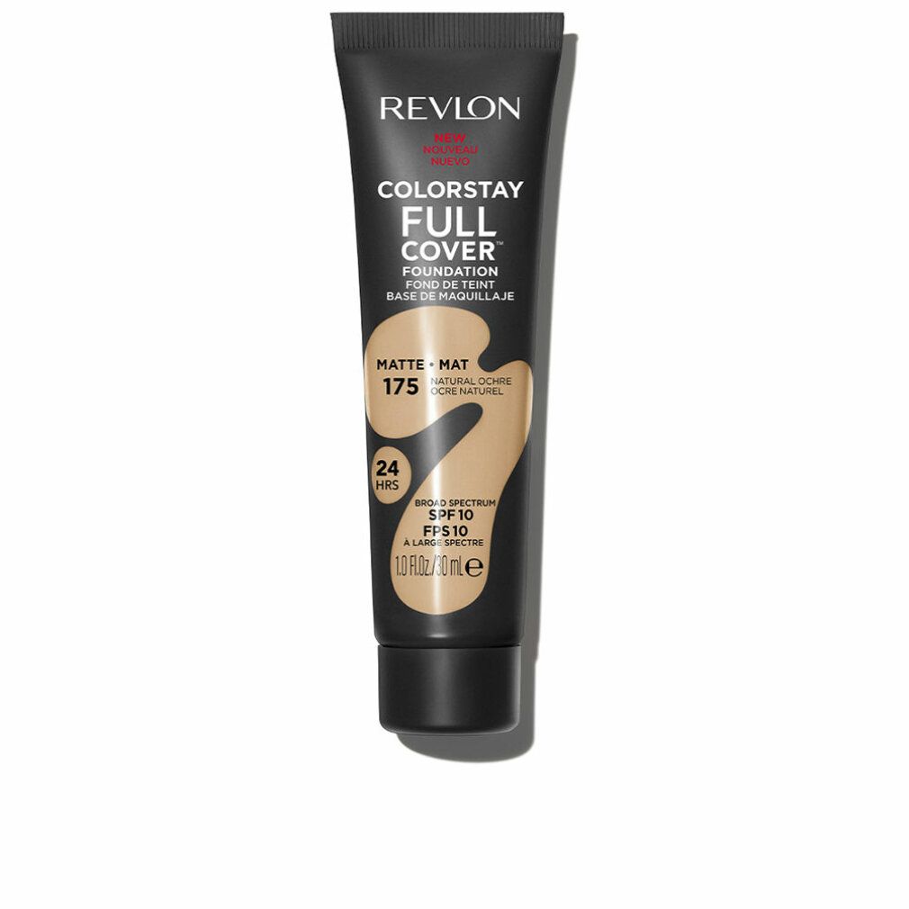 Schwarze Tube mit Foundation. Aufschrift: Revlon Colorstay Full Cover Foundation. Farbton 175 Natural Ocher. Mit SPF 10. 30 ml.