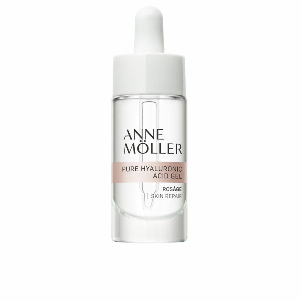 Klarflüssiges Gel in einer Glasflasche mit weißem Verschluss und Pipette. Aufschrift: Anne Möller, Pure Hyaluronic Acid Gel, Rosâge Skin Repair.