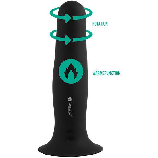Schwarzer Analvibrator mit Rotation und Heizfunktion. Logo Lumunu. Piktogramme für Rotation und Wärme.