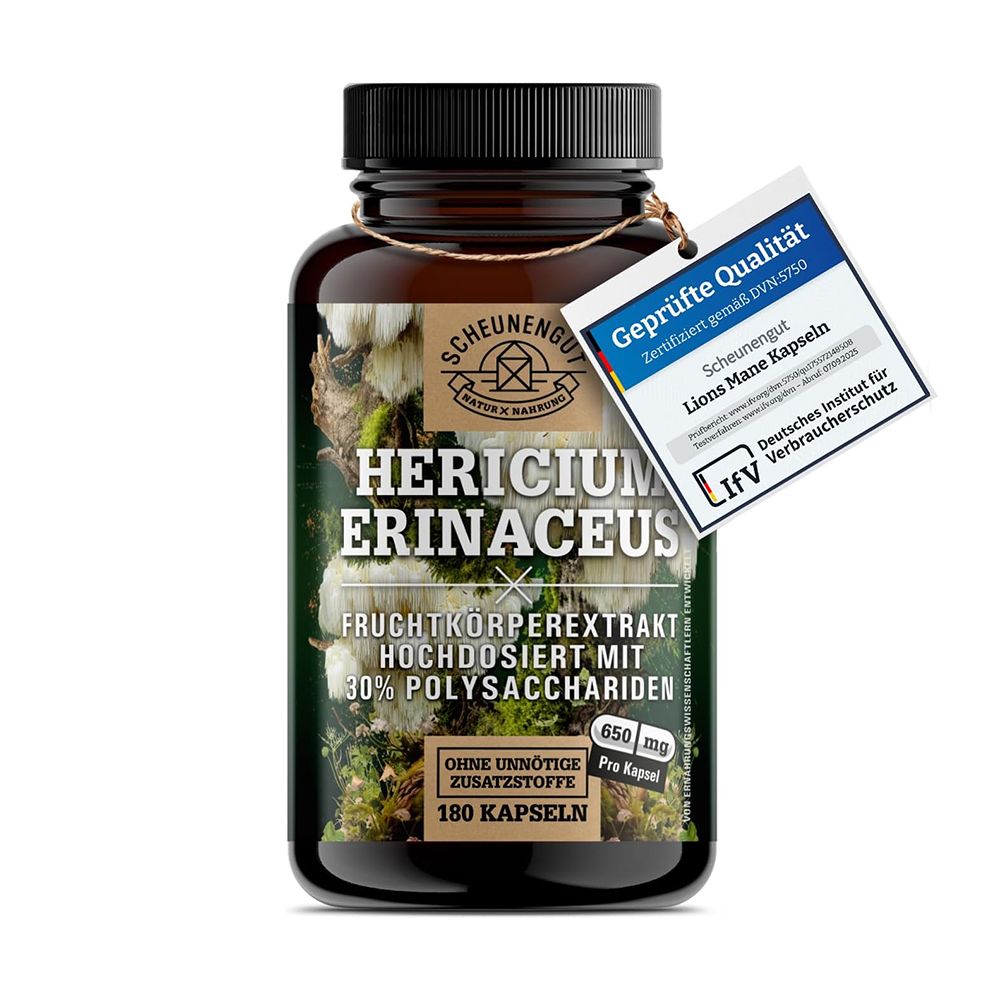 Braune Pillendose mit Etikett: Hericium Erinaceus, Fruchtkörperextrakt, 180 Kapseln.