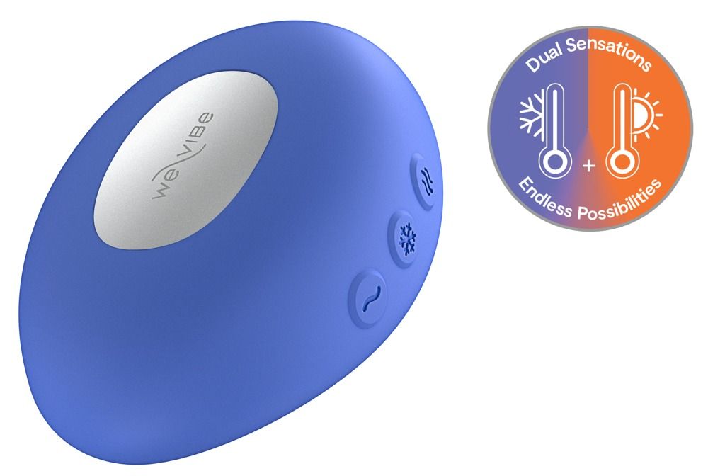 Blaues, ovales Gerät mit drei Knöpfen und einem silbernen Bereich. Logo "We-Vibe". Aufkleber mit "Dual Sensations" und Thermometer-Symbolen.