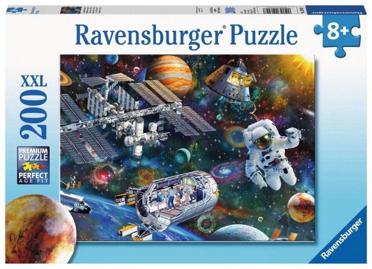 Puzzle-Box mit Weltraum-Motiv. Ravensburger-Logo, 200 Teile, ab 8 Jahren. Abbildung des Puzzles.