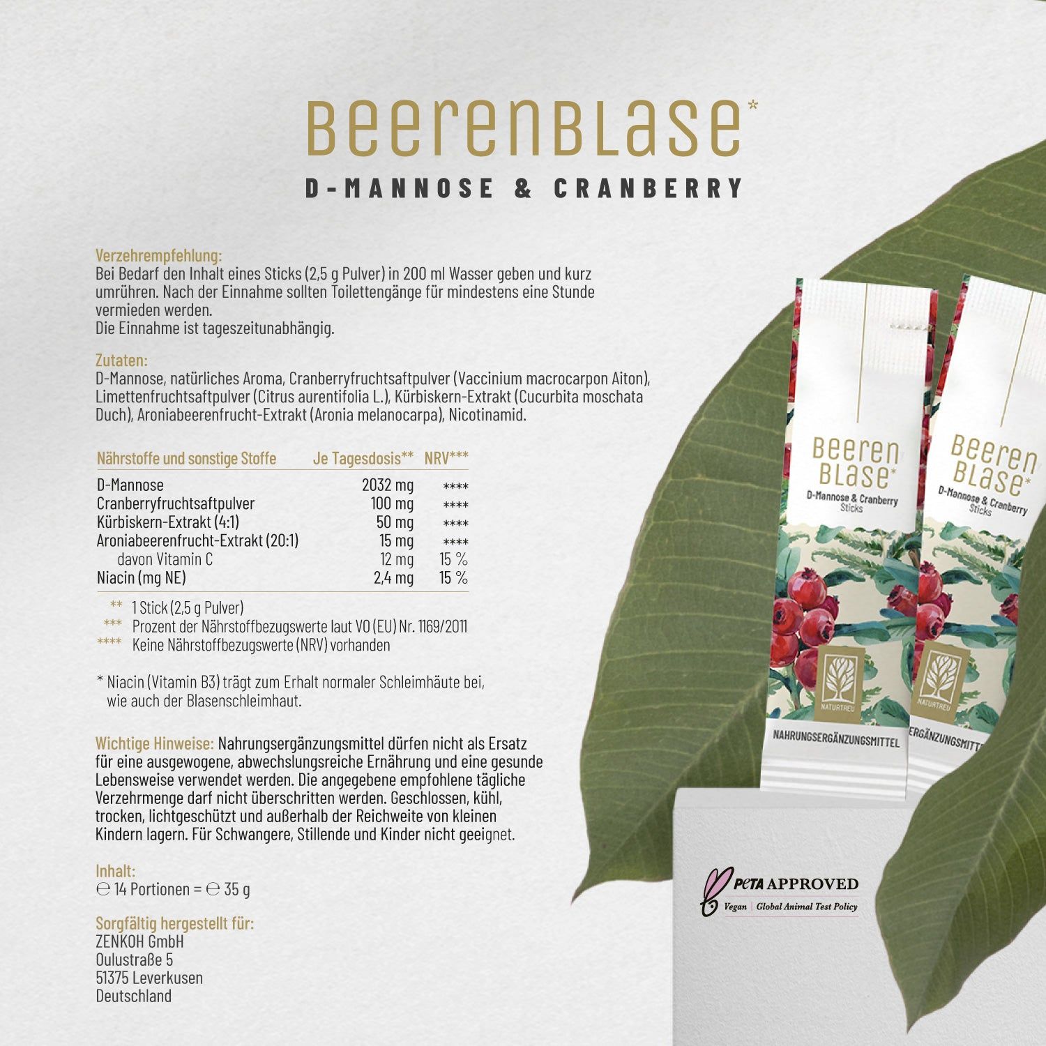 Produktverpackung mit Beuteln. Aufschrift: BEERENBLASE D-MANNOSE & CRANBERRY. Text über Inhaltsstoffe und Anwendung. PETA Approved Siegel.