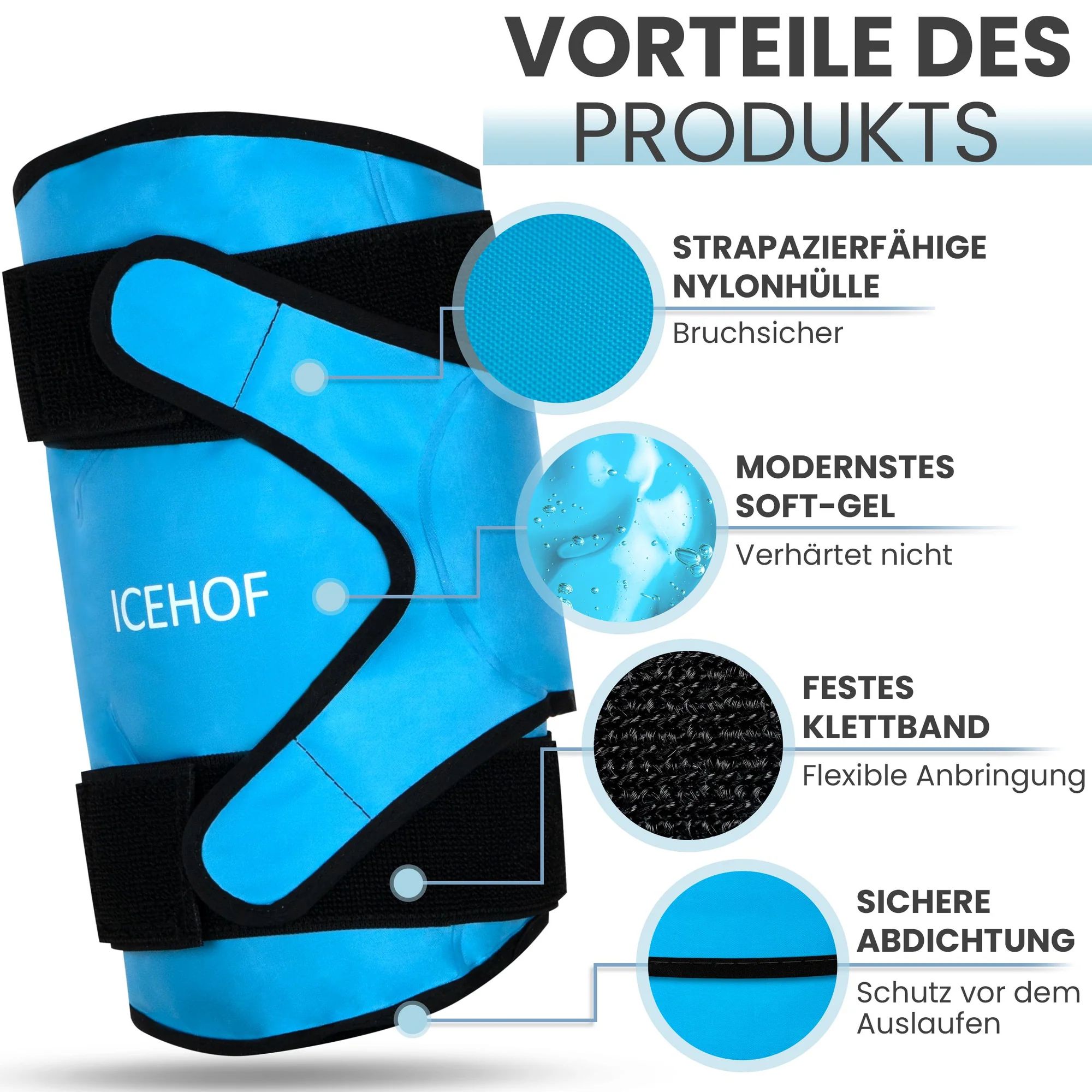 Knie-Kühlmanschette mit Erläuterungen zu Nylonhülle, Soft-Gel und Klettband.