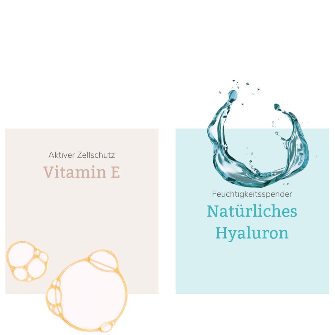Zwei Textfelder. Text: Vitamin E, Hyaluron. Wasser- und Blasen-Illustrationen.