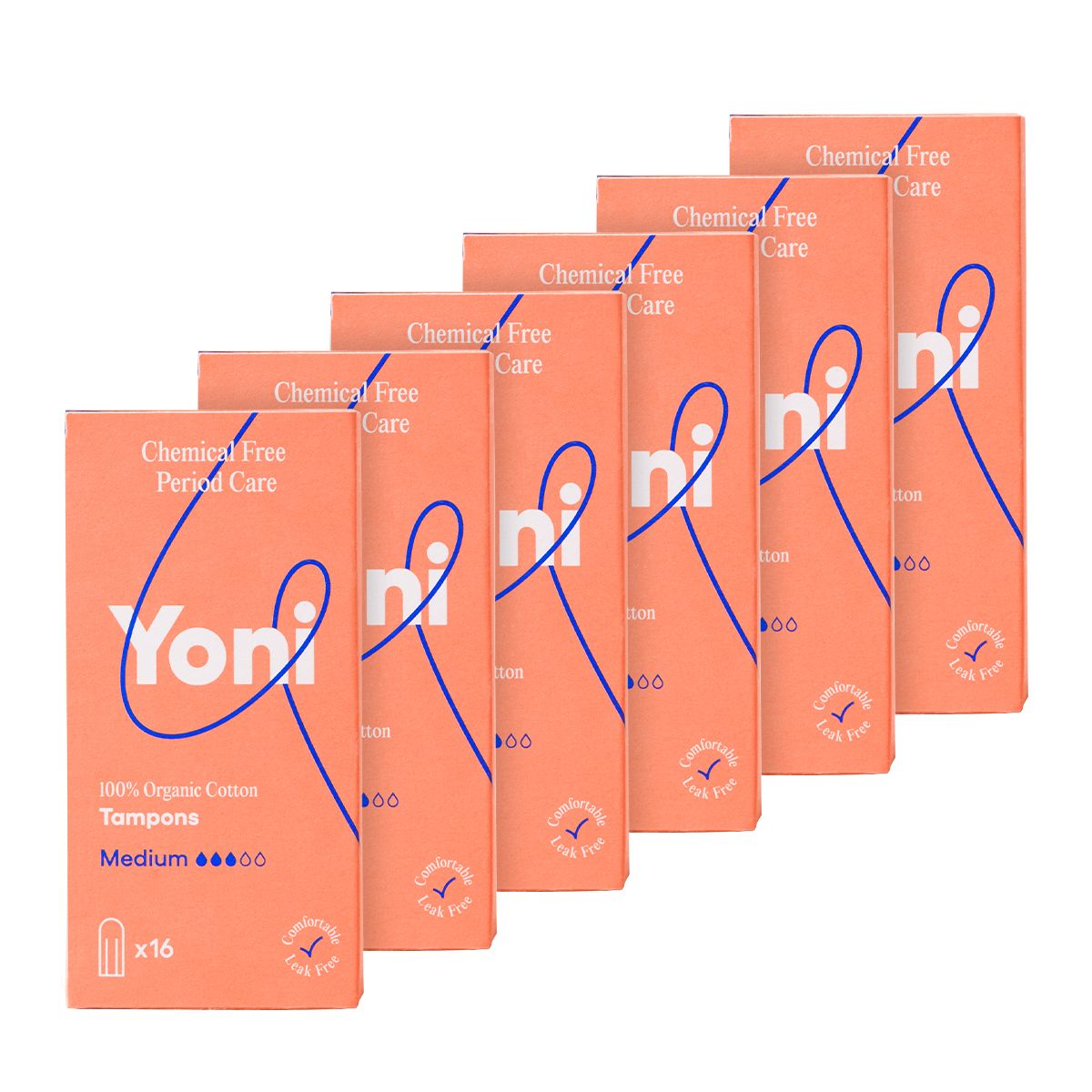 Mehrere Packungen Yoni Tampons. Aufdruck: 100% Bio-Baumwolle, Medium, 16 Stück. Verpackung in Orange.