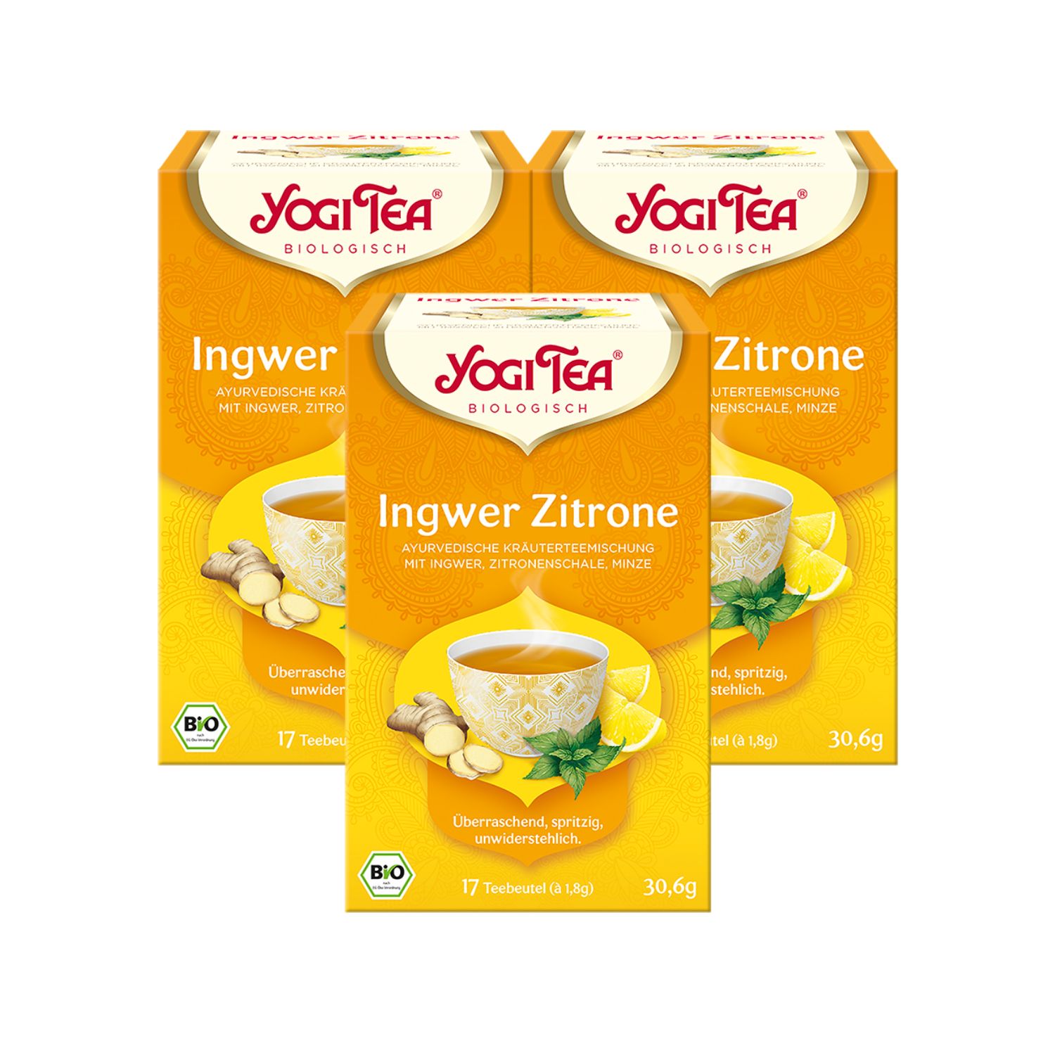 Drei Packungen Yogi Tea Ingwer Zitrone Bio Gewürztee. Gelbe Verpackung mit Logo, Produktname und Abbildung einer Tasse Tee.