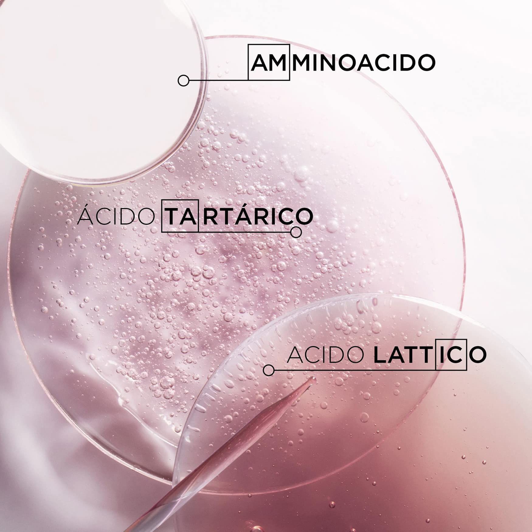 Nahaufnahme von Flüssigkeiten. Text: Aminoacido, Acido Tartarico, Acido Lattico.