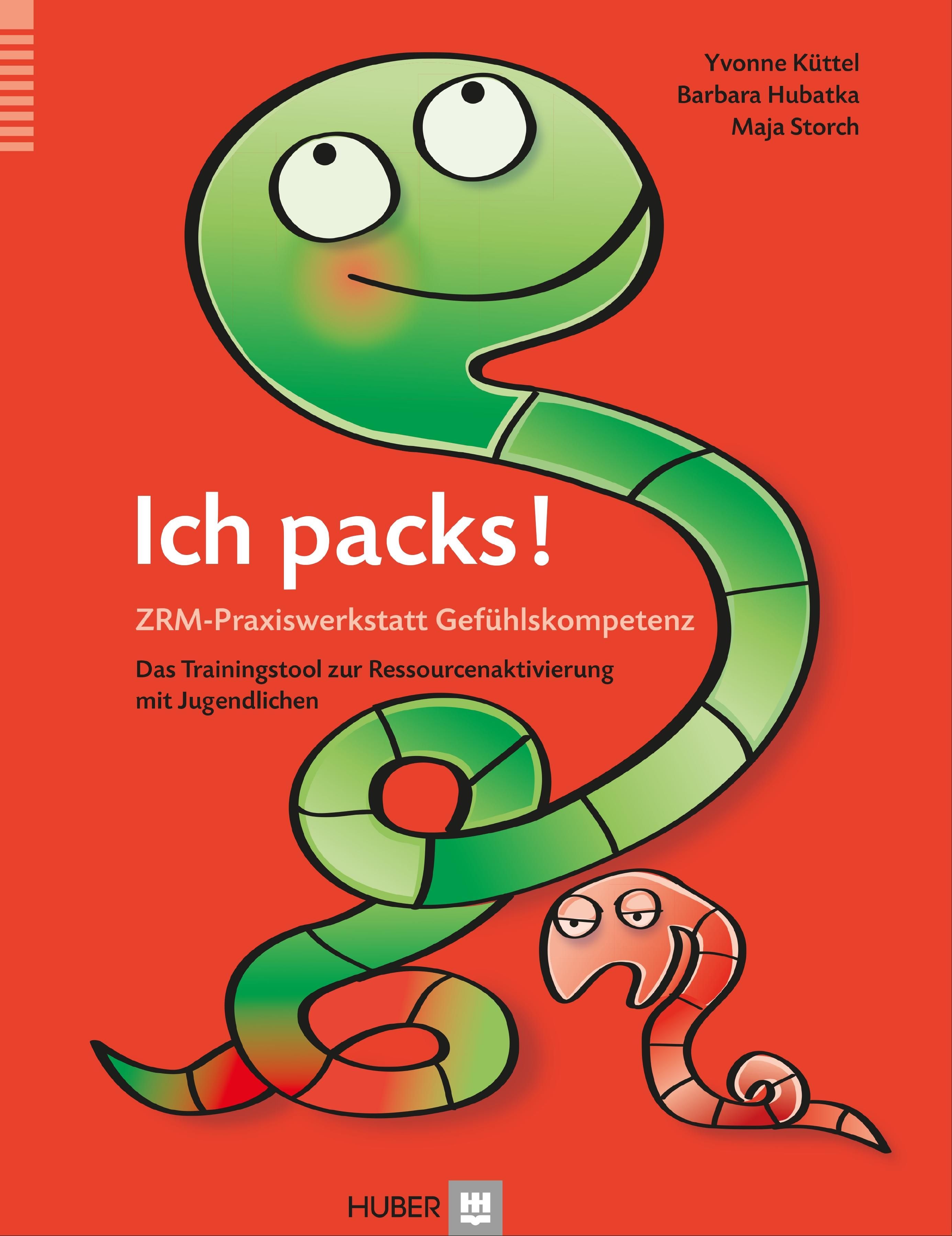 Buchcover: Titel "Ich packs!" mit grüner Schlange und rotem Wurm. Autoren: Yvonne Küttel, Barbara Hubatka, Maja Storch. Verlag Huber.