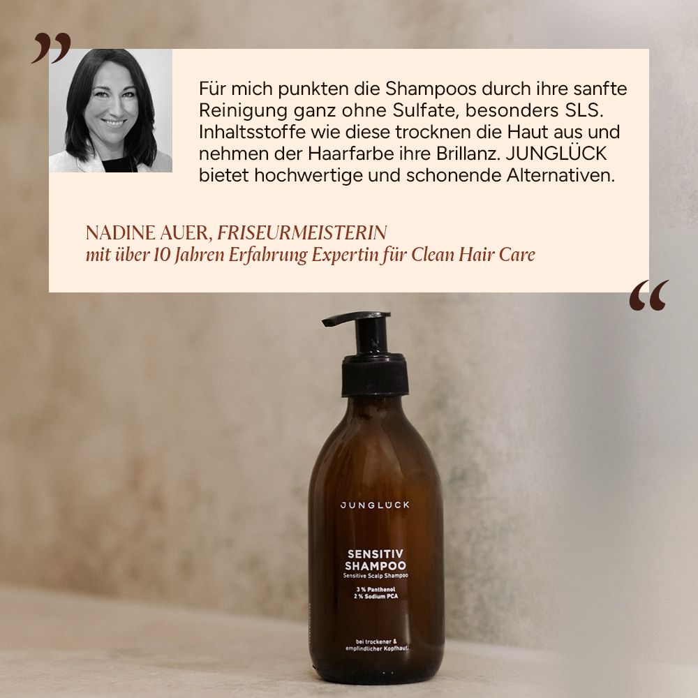 Produktflasche mit Pumpverschluss neben Zitat. Zitat: Nadine Auer, Friseurmeisterin. Text: JUNGLÜCK bietet hochwertige Alternativen.