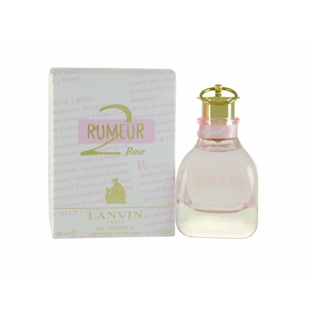 Parfümflasche und Verpackung. Rosa Flüssigkeit, goldener Verschluss. Aufschrift: Rumeur 2 Rose, Lanvin.