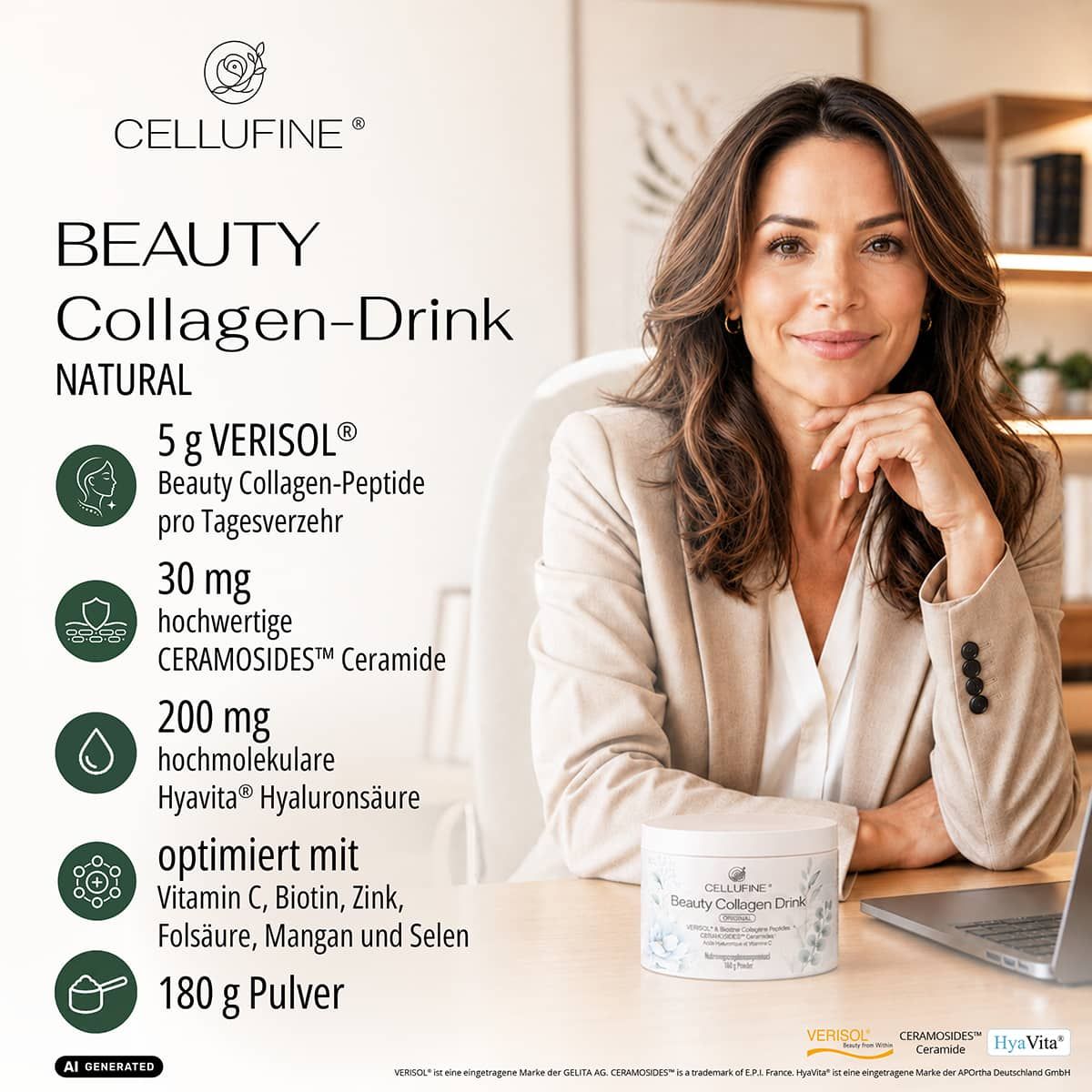 Cellufine Beauty Collagen Drink: 5g Verisol, 30mg Ceramosides, 200mg Hyaluronsäure, optimiert mit Vitaminen und Mineralien. 180g Pulver.