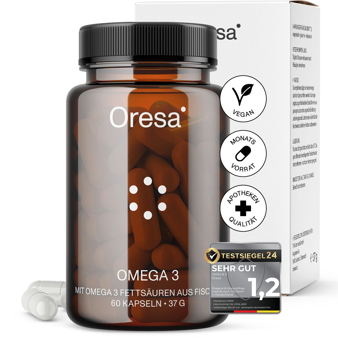 Oresa Omega 3 – 1000 mg Fischöl | 330 EPA + 220 DHA Vitamin E geschmacks - geruchsneutral 60 St Weichkapseln