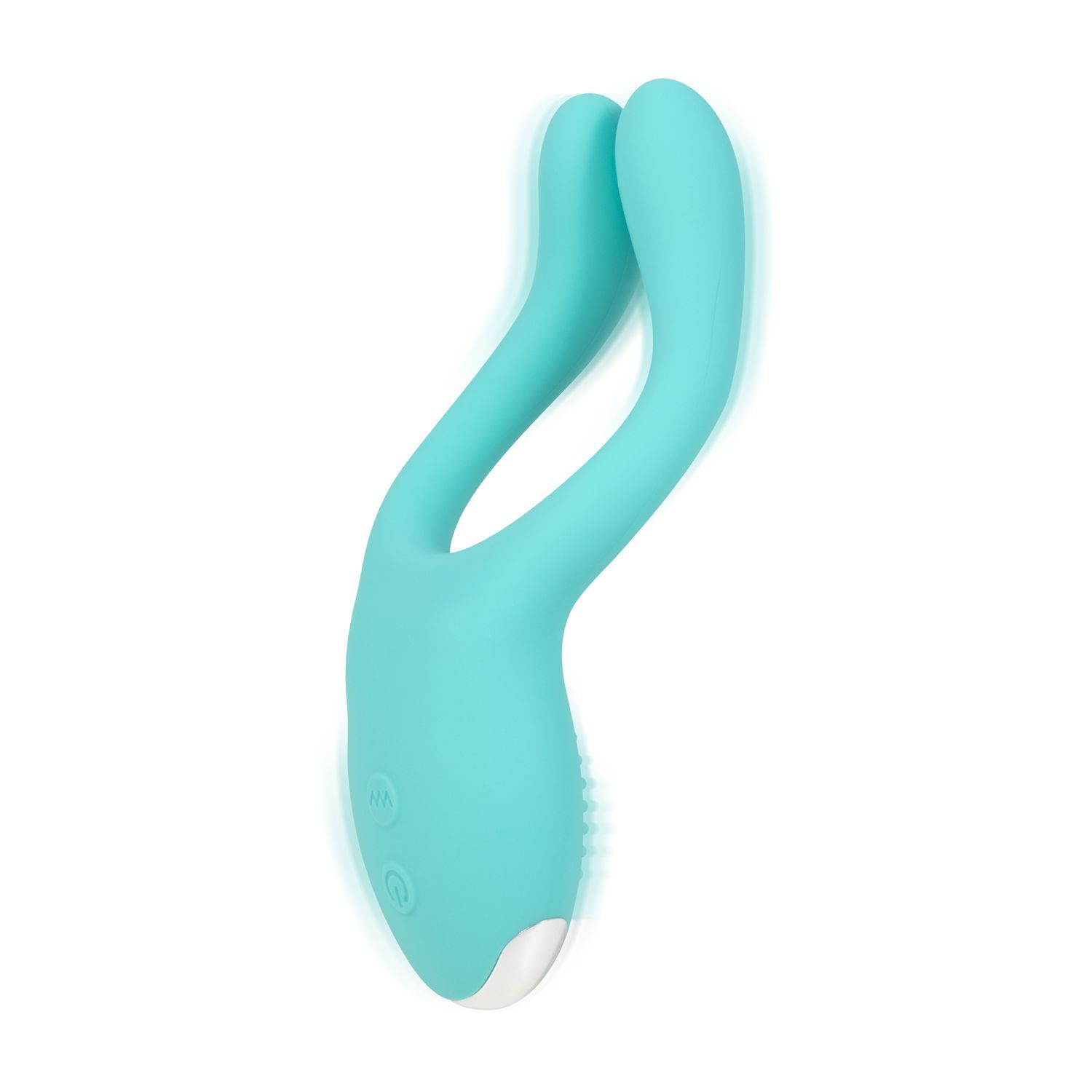 Türkisfarbener Doppelvibrator mit zwei Vibrationsarmen und zwei Knöpfen. Weißer Sockel.